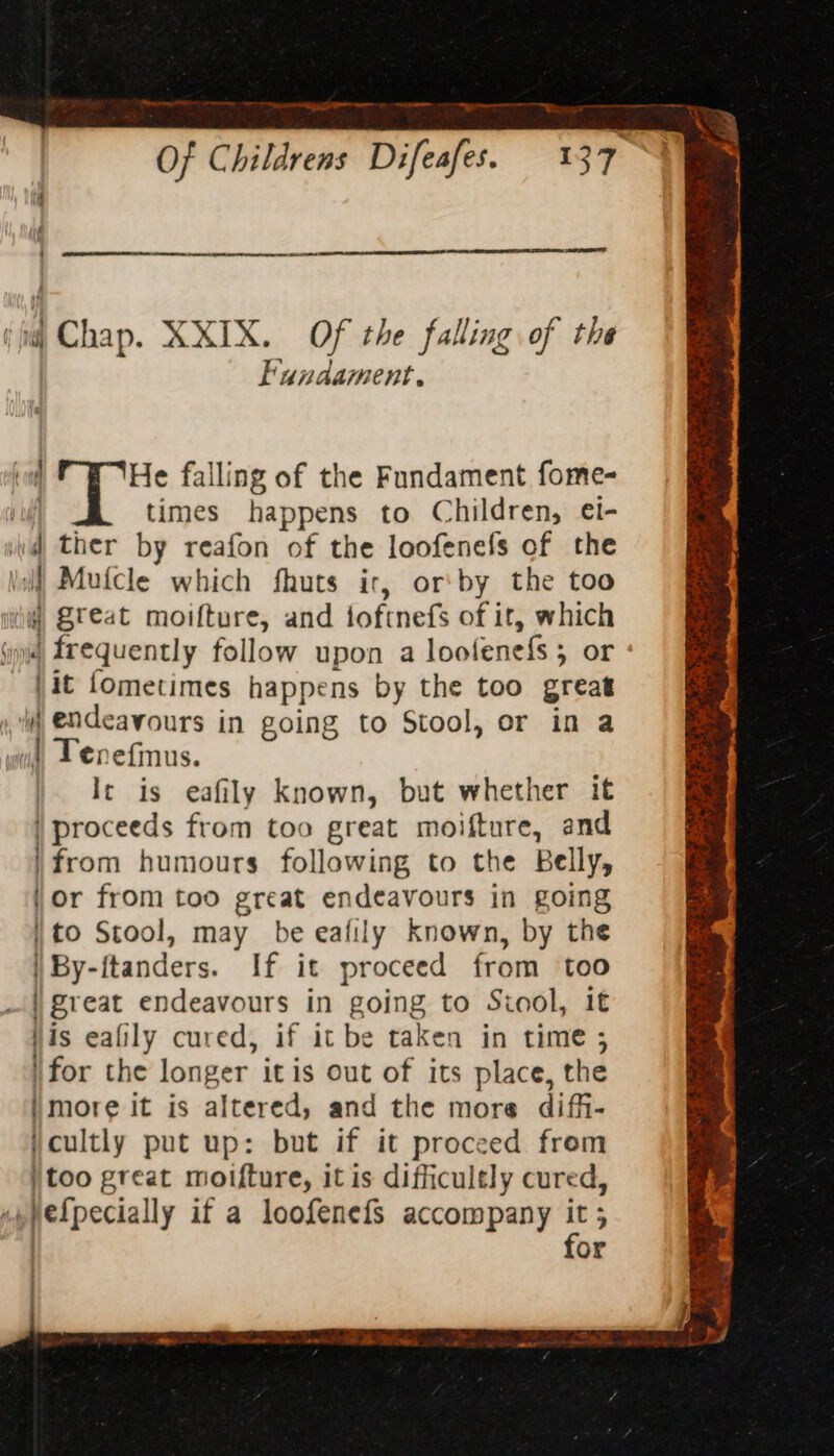 ~~ ee — Ss . ‘iq Chap. XXIX. Of the falling of the Fundament. tn He falling of the Fnndament fome- vid] times happens to Children, ei- vq ther by reafon of the loofenefs of the Wl) Muifcle which fhuts ir, or'by the too i Breat moifture, and toftnefs of it, which (yy frequently follow upon a loofenefs; or | it fometimes happens by the too great , endeavours in going to Stool, or in a wot 1 enefinus. It is eafily known, but whether it | proceeds from too great moifture, and \ from humours following to the Belly, (or from too great endeavours in going | to Stool, may be eafily known, by the | By-ftanders. If it proceed from too | great endeavours in going to Stool, it His eafily cured, if it be taken in time ; \for the longer itis out of its place, the | more it is altered, and the more diffi- }cultly put up: but if it proceed from too great moifture, it is difficultly cured, 4,)e{pecially if a loofenefs accompany it ; | for : ee ake at ee ens regen Ns eet Nig TP RL ET orl SEG etal nae” 28 ae