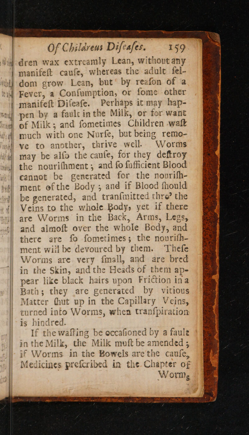 Of Childreus Difeafes. 159 dren wax extreamly Lean, without any c manifeft caufe, whereas the adult fel- dom grow Lean, but‘ by reafon of a Fever, a Confumption, or fome other manifeft Difeafe. Perhaps it may hap- en by a faulcinthe Milk, or for want of Milk; and fometimes Children -watt much with one Nurfe, but being remo- ve to another, thrive well. Worms may be alfo the caufe, for they deftroy the nourifhment; and fo fufficient Blood cannot be generated for the nourifh- ment ofthe Body ; and if Blood fhould be generated, and tranfmitted thre? the Veins to the whole Body, yet if there are Worms in the Back, Arms, Legs, and almoft over the whole Body, and there are fo fometimes; the nourifh- ment will be devoured by them. ‘Thefe Worms are very finall, and are bred in the Skin, andthe Heads of them ap- pear like black hairs upon Friction ina Bath; they are generated by vitious Matter thut up in the Capillary Veins, turned into Worms, when tranf{piration ; J] If the wafting be occafioned by a faule the Milk, the Milk muft be amended 5 if Worms in the Bowels arethe canfe, Medicines prefcribed in the. Chapter of Worm, i) - p w oe 152 Akt ‘¥ EE as Ne oe te &lt; ark para Se ee” * ay ¥ a = x aay ¥ cig Ba fp ete RM; hi eg Nt 4 ie ae. ston mae 