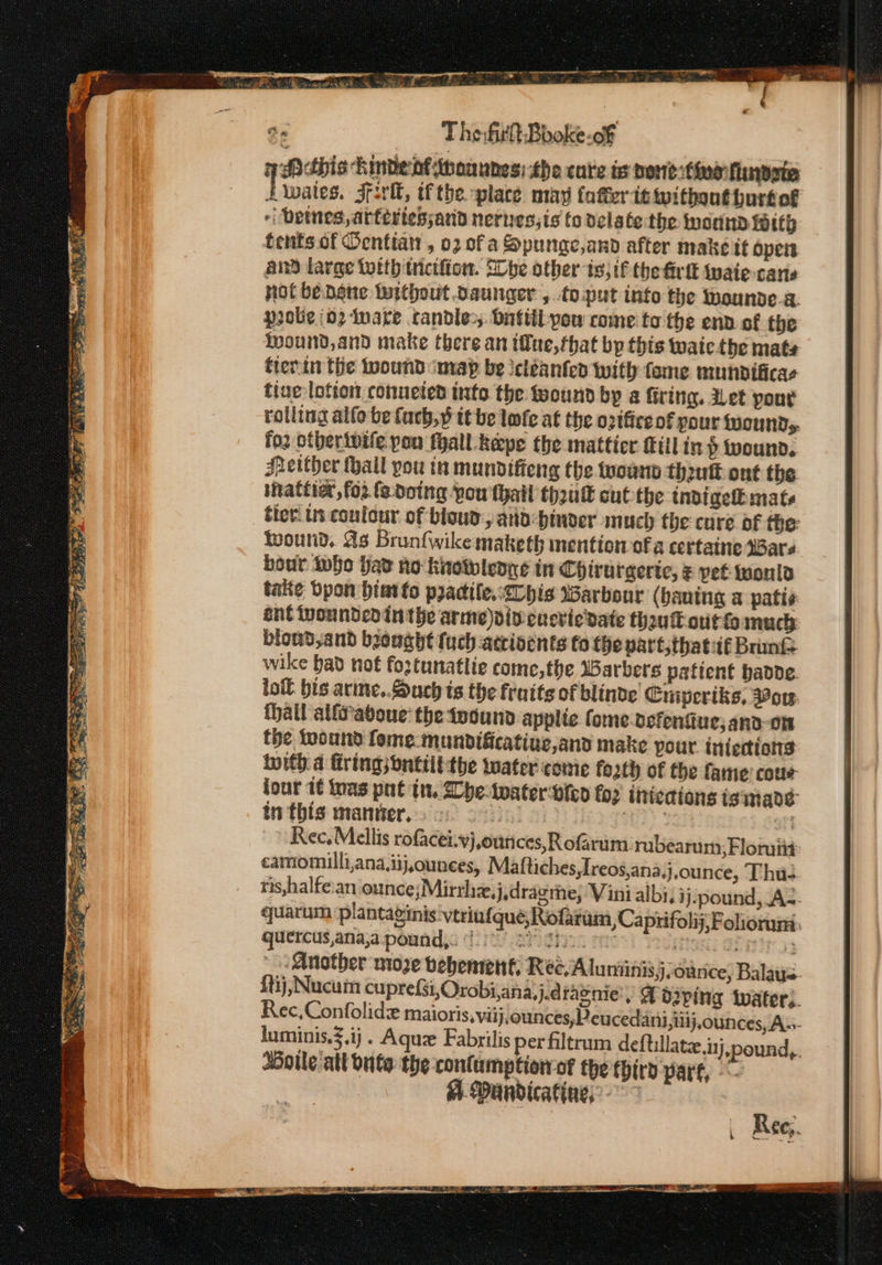 : Theft Booke-of a Acthis Kinde thoaunes: the care te pone:theefinpate Tivaies rill, ifthe place may fafter it without hurtof i Deines arteriebsand nerues,is to delate the monn With tents of Oentian , 02 of a Spunge,and after make it open and large totth tictfion. SCbe ather is; if the frit iwaie-cans not be dane turthout daunger , toput into the woundea probe (02 ware candle, Bnttil pow come to the end of the pound, and make there an tlue,that bp this waie the mats terin the wound map be icléanted with fome mundificas tiue lotion conueten into the found by a firing, Let pout rolling allo be fach,p it be lofe at the o2tfice of pour wounds. fo2 otberivife pon fyall Repe the matticr Gill in Pp wound. Sreither Hall you tn mundifieng the wound thrutt ont the inattier, for (e.doing pou hail thou cutthe indige mats tter: ts contour of bloud, and: binder much the cure of the twound. As Brunfwike maketh mention ofa certaine Wars bour twhe hat no hinotelenge in Chirurgerte, &amp; pet would take bpon bimtfo pradile.:Cbis Warbour (baning a patis ent Wounded in the arme)vivenetiedate thoutt otto much bloud,and beeaght fuch accivents to the part,thatif Brant wike bad not foztunatlie come,the Warbers patient hadde. lof bis arme,.Such ts the fraits of blinde Cniperiks, Pow thatl atfc’aboue’ the tvdund applic fome. ocfentiue, and-0On the twound fomemundificatiuc,and make pour. injections twith a firing; onttittbhe water come forth of the fame: coue- four 1¢ nas put tw. be-twateroteo fo2 iniecions isimade tn this manier, ayia 2) Rec. Mellis rofacei.vj,ourices,RoGrum rubearum; Floruiit camomilli,ana.iij,ounces, Maftiches,Ireos,ana.j,ounce, Thu ris,halfe:an ounce; Mirrhz.j,dragrhe; Vini albi; j j.pound, A-- quarum ‘plantavinis vtriufque, Rofaram ,Caprifolij, Folioruni: quercus,ana,a_pound,.: *! SIOSHIO HI Ty Srir js luminis.3.ij . Aquz Fabrilis per filtrum deftillatzeinj,pound,. doile att ute the contumption of the third part, A. Dandicatine,