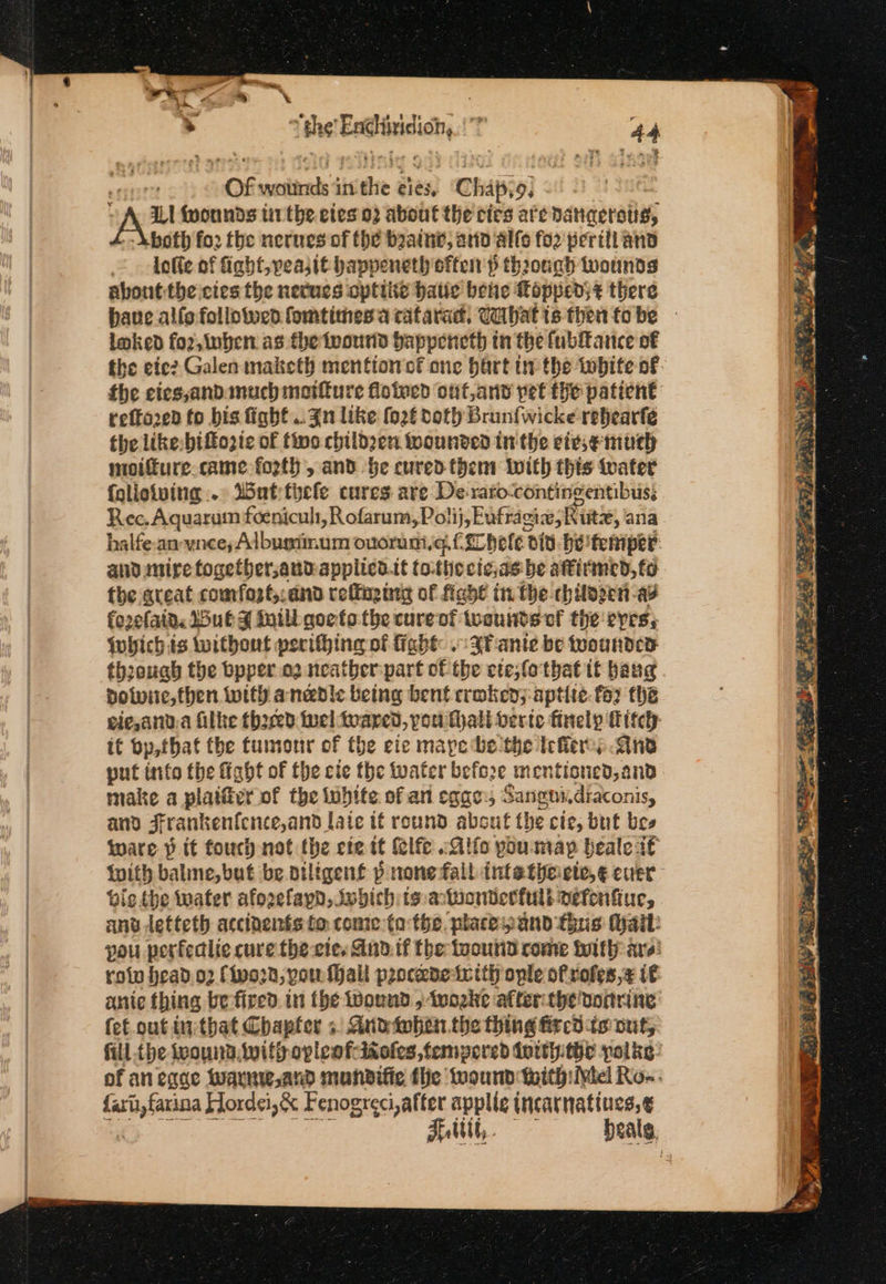 WhetEatancich, rr 44 ; Of woitnds' im “oy eles, Chipiol 9; UU {wounds ti the etes 02 about the cies ate Dancerstig, -Aboth for the nerues of the baatue, arid alle fo2 periliand Joffe of fight, veasit bappeneth offen p through wounds about the cies the nerues opttite hatic bene: Topped? there haue alfe followed fomtimes a catarad, wabat isthenfobe — laked fo2,inhen as fhetvourd bappeneth tn the fubltance o€ the eie2 Galen maketh menttorof one bart tthe white of fhe ciessandanuch motiture floived out, and pet the pationt reftored fo bis fight .. gn like fo2€ doth Brun{wicke rehearfé the like: biffozie of tino childzen wounded in the eiv,emueh moifure.came forth, and be cured them with this water falioiving . Wutthefle cures are De-rato- ‘contingentibus, Rec. Aquarumm foenicult, Rofarum,Polij, Eufragiv, Ritz, ana halfe-an-wnce,; Albugiinum ovorunte, Libel 010 -belteniper and mire togetber,and-applicd.tt to.thecicas be affirmed, to the areat comfost,:and relating of fiche in the chilogert-ag forefatd. Wubs oil goetothe cureof tuounts of the eves, {obich ts without perifhing of fight: «If ante be tuounded th:ouah the bpper a2 neatber part of the ete;fotbat it baug potwiie,then with anedle being bent croked; aptite. for the eic,aid,a filke th2ced iwel toared, you thalt verte finely Mitch it bp,that the tumour of the eie mape be the ieflerss ine put into the fight of the cie the water before mentioned, and make a plaifter of the tubite of an egge, Sanghi .draconis, ano Srankenfence,and late if round about the cte, but bes ware p it fouch not the cie it &amp;lfe Allo pou map beale if ivith baline, but be. diligent p none fall intetheiciec,¢ ever bie the water afogelapd, Iubich to antuontertuls efenfiue, anv detteth accinents fo come: ta: the. place pand thus Maik: pou perfeclic cure the cie. And. if the tooutid come with: are! roiv head. o2 fivozn, pou hall procede irith ople of rofes,¢ it ante thing be fired. in (he Wound ,twozke after:the!ponrine fet. out in:that Chapter ; Satoeeoben the thing fircd to out, fill the iwoundAvith opleof-itoles,fempored dortyithe pols: of anegae Warnie.and mundifie fhe wound tithe Ro-. gpg Hordei,&amp; Fenogreci,after applig tncarnatines,€ Halith,.. bealg