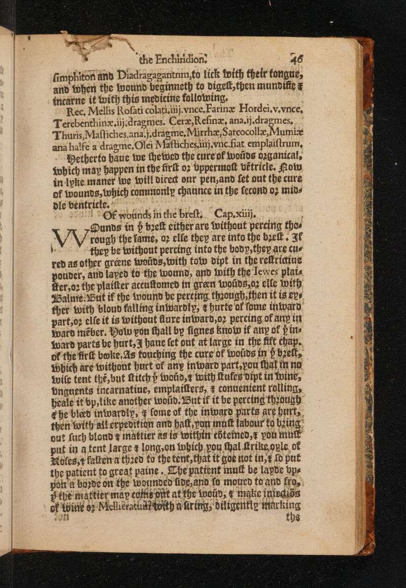 46 Of wounds in the breft,. Cap, xiiij. | Dunds in $ belt cither are without percing thos : VV \/ ‘rough the fame, 02 elfe they are into the bel. Ff be they be without percing into the body, they are cus rep as other gréne tyotids, with foto dipt in the reffridine pouder, and layed fo the wound, and with the lewes plats frer,o2 the plaifter aceuftomed in grects twotids,03 elle Inith SBalntesBut if the iwouhn be pereing thaough, hen tt is cpe fher with bloud falling inwardly, ¢ burte of fome inivard: part,o2 elfe it is without flure infpard,o2 percing of any tr ato meber, Pew pou Mall by fignes know if any of pins {ward parts be hurt,Z bane fet out at large tn the Aft chap. of the firtt bwke,. As fouching the cure of twotids in f bef, Which are withont burt of any tntward part,you thal mm no Wife tent thé, but Kitch p wottd,¢€ teith Tufes dipt it Wine, Hnauents incarnatine, emplattters, ¢ conuentent rolling, beale it bp, like another twotid. But if it be percing thouah éhe bad intwardty, ¢ Come of the inward parts are butt, then with allcrpedifion and bat, pon matt labour fo bing: out fuch blond € mattier as is twtthin eGtemned,¢ pou nue pt in a fent large ¢ long,on which pou hal Lrikeople, of *Moles,* falten’a th2ed fo the tent, that tf goe not in,¢ fo put the patient to great pane. he patient muff be lapbe vps gotta bayde on the wounded fide,and fo moucd foand fro, Phe mattier may come ont at the told, € malic intedios a fhe