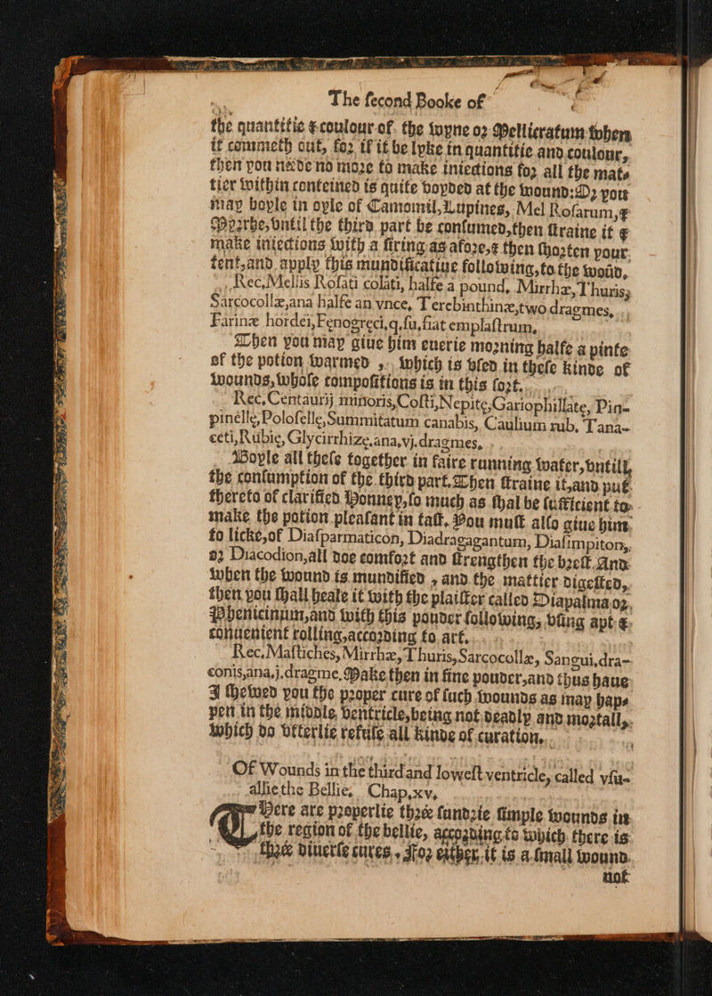 the quantttic ¢coulour of. the iupne 02 Pellteratum tohers if commieth out, fo2 tit be lpke tn quantttic.and.coulonr, then pou nxde mo moze to make iniedions fo: all the mats tier within conteined ts quite bopded at the inound:D2 por may bople tn ople of Camomil,Lupines, Mel Rofarum,¢ Posrbe, bnttl the thirs. part be confumend,then ttraine if § make intedions with a firing as afore,¢ then Mooten pour: tenf,and apply this munodtficatiue following, tothe woa, Rec,Mellis Rofati colati, halte a pound, Murhz, Thurs; Sarcocollx,ana halfe an vnce, T ercbinthinz,two dragmes, | Farine hordei,Fenogreci,q.fu, fiat emplaftrum, | shen pou may gtue bim euerie mozning balfe a pinte ef the potion tvarmed 5. which ts wren in.thele kinde of wounds, whole compofitions is in this fort... | Rec, Centaurij nutioris, Cofti, Nepite;Gariophillate, Pine pinelle, Polofelle, Summitatum canabis, Caulium rub, Tana- eeti, Rubie, Glycirrhize.ana,vj.dragmes, 7 _ WGople all thele together. in faire running Water, butill, the confamption of the. third part.Chen ftraine if,and pu€. thereto of clarified Ponney,fo much as fal be (uficient.to: . make the potion pleafant in taft. ou mul alfo gtue bine, fo licke,of Diafparmaticon, Diadragagantum, Diafimpiton,, 92 Diacodion, all doe comfozt and frengthen the boek.ana: luben the wound ts mundified , and. the matticr digelfed,. then pou Mall beate t¢ waith the plaifter callep Diapalma oz. PHeniciniun,and with this ponder tolloiving, dfing apt:-¢. convenient rolling,accosping fo.art.... - . Rec, Maftiches, Mirrhz, T huris, Sarcocollz, Sangui,dra conis,ana,j,draeme, Make.then in fine poudcr,and thus haue J Hetwed you the proper cure of fuch tpounds ag may baps pent tn the middle, ventricle,betug not deadly and motall,. hich do beterlic refute all Kinde of curation, 0a P Of Wounds in the thirdand lowelt ventricle, called vite alliethe Bellic, Chap,xv, nN tEotE Pere are properlie thae funtzte fimple wounds it. Ose region of the beilte, accogbing.te which: there is: ~ © hae Dinetle cures. Jto2 eather it is a-fmall wound. aan a