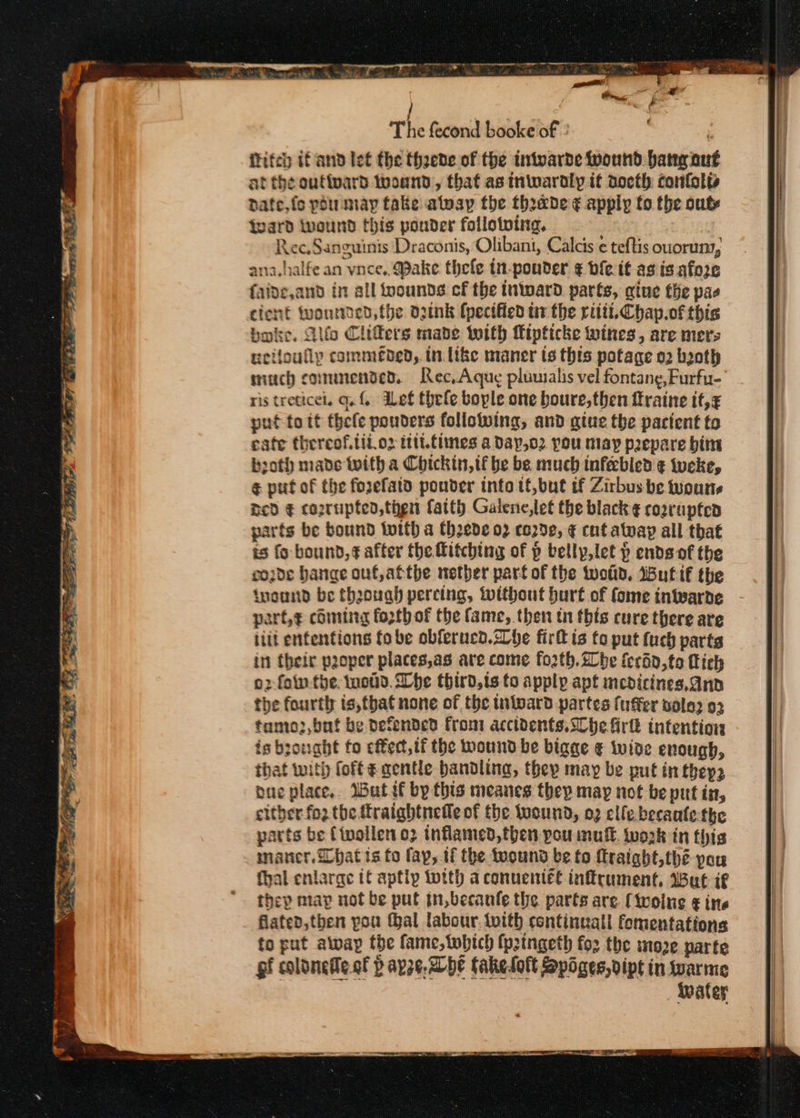 ftifch if and let the theede of the intvarde fyound bang aut at the outivard wound, that as inwardly if aoeth confolts date, fo pou may take alway the theade ¢ apply fo the out tward wound this pounder follotwing, Ree.Sanguinis Draconis, Olibani, Calcis ¢ teftis ouorum, ana, halfe an vnce,, Make thele tn-ponder ¢ bie if-as is afore faide,and in all wounds cf the inward parts, gine the pas cient tvonded, the drink (pected tt the rit. Chap.of this boke. fo Clifers mabe with Mipticke wines, are mers eeiloully commeded,. tn. like maner ts this potage o2 booth snitch commended. Rec, Aque pluuralis vel fontang,Furfu-’ 0 wre ¢ put of the forefatd ponder info tf, but if Zirbus be wouns Hed € coorupted, then faith. Galene,let the black ¢ corrapted parts be bound tuith a thede 02 corde, ¢ cnt atvayp all that is fo bound, ¢ after the Fitching of p belly, let p ends of the mde hange ouf, atthe nether part of the wold, Buti€ the tuound be though pereing, without burt of fome intwarde parf,¢ comtirg forth of the fame, then tn this cure there are iit enfentions tobe obferncd.zlhe fir is fo put fuch parts in their proper places,as are come fo2th. he ferhn, to Lich o2 foln-the. wotld. Lhe third, ts to apply apt medicines, ano the fourth is,that none of the tiioard partes fuffer nole2 93 tamo2,but be defended from accidents.Che fire intention is brought fo effect, tf the mound be biage ¢€ wide enough, that with loft ¢ gentle bandling, they may be put in they nue place. Wutif by this meanes they may not be put in, citber fo2 the. traightnedle of the wound, o2 elfe becante-the parts be {twollen o2 inflamed,then you mult. work in this manner. What ts fo fay, tf the toound be to ftraight,the pou fhal enlarge i¢ aptip twtth a conuentét inftrument, Wut if thep map not be put tn,becanfe the parts are Cwolne ¢ ine flated,then pou Gal labour. with continuall fomentations fo ut awap the fame, twbich fp2tngeth for the moe parte pf colonefie. of p apse, abe fakelott Spoges,dipt in warme Watley