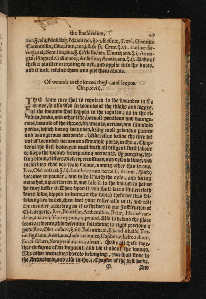 % om the Enchiridion,' ~~ 49 ana,¥. vil). Mufcilag, Maluifcict, 3vj Refine, Z.2vi Oleonin Camoniillz,Olwarinnjanay lie Pi Cereizivj.. Farine-fe- ‘nogrxti, Sem, liniyaha.3 .ijsMaftiches, Thurs; ana.&lt;. 7, Axun- gie;Pingaed,Gallinacee, Anferinz, Anatis,ana,3.ij, Make of thefe a platter accozding to art, andapplic it to the knots, and if will refolug them and put thes alwaic,. 4 : Of wounds in the knees, thighs;and leggem: Chap.xviijii oo enierir? iC lame cure that ts required fo the woundes in the armes,ts alfo bfed in tuonnds of the thighs and Iéanes, _ ulthe Wounds that happen in the topntes’y as in the els botpes, knees,and other litte;bemott perilious and daunges rous,becaufe of the:choztalinaments,nerties;and fitmolnic partes, tobich beeting twounded,bzing mot qricuous paines: and DauNgerous accidents .. Wiberefoze befide the cure {cf out of inounded nerues and finnolwie parts, in the 4.Chaps tev-of the fir buke,yot mul with all diligent (kill labour fo keepe the wound fronrpatie ¢ accivents,. bp purging, lets ting bloud,clitters,dict,repercudines;and defenlatinesjana medicines that doe tcafe dDolour, among other this is one, Rec,Olet rofacei, §.i1j,Lumbricorum ‘terrx,ij, drams., Make two2mes ttpouder , and mire it With the aple ,. and baing made hot, dip cotton ti it,and laie if fo the teound fo bofas be tay {after tt: hen opon it pou tall laic atinnencloth: fouré folbe, dipped ti boing, tn the tobich thele bearbes fols lowing are botled,the wet your-roller alfo in it; anv roiy: the member, actozding as tf ts MHelved in our ZnFitution of Chirurgerte, Rec, Pilofellx, Arthemifie, Bete, Herba can. delx;ana,m.j.'V ini optimi,iij, pound, Aife fo defend the place: from accidents;this pefenfine following is right peecious ¢ qed: Reo, Olei rofacei, iii}, Boli armeni,§.j.and ahalfe.T er- re figillate,Aceti,ana,hafe an ounce, Caphure,halfea dram; Succi -folacri, Semperuiui,ana,j,dram. Wake all thefle toges ther it fezine ofan bnguent, and vie it about, the wound, . “he other medicines hereto belonging’, pou that! finde in: fhe ainatariyand allo in dbe-4.Epapor othe Ar bake,