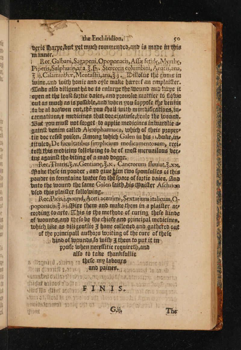 werié Marpesbut pet much commenzed,and ta made hr this ‘manner.’ ae | sok i Ree,Galbani,Sagapeni, Opoponacis, A ile fetide, Myithe, Piperis,;Sulphurisyaria.&lt;. Py Stercoris columbini, Anatis,ana, =. ij,Calaminthx, Mentaltri,anagj .,,, iliolue the guns tr Wwine,and twith honte and ople make beresf an emplaifer. Coke alfo viligentbade fo enlarge the weund and tieye it vopen at the lealt fortic Dates, and proucke niatfier fo hotwe outas much asis polltble, and toben you fuppofe the benine tobe al pzawen ont the yeu hall with mandificatines, tne carnatiness? medicines thatdoccieatirfesheale the wannd, ‘But -youmntkl notforget: to apylie medicines iniuaralie-as gaint venim called Alexipharmaca, which of thetr peopers tie doc refit potfon. Among tebich Galen tn bis..1.bake, tn titulea;D&lt; facultatibus fimplicium medicamentosum, recis feffi this medicine following to-be of mel meruailous bers tne again the biting of ainad dogage; orRecsE buris,3wsGentiane, 3.x. Cancrorum: fluuiat,2,xx, Wake thefeinpouder , aud que him two (ponfulles of this pouder in fountaine Water fox the fpace.of foatie Daies, Ano pnito the wound the fame Galen (aith,bissBaifter Afchrion vied this plaificr following... To , , RecsPicis.j.pound, Aceti acerrimi ,Sextarima italicum,Q- poponacis.3.iij, Mire thent and. make them in.a platiter.acv cording foarte, Sbis.ts the methove.of curing thele kinde of wounds,and tbelebe the chiefe and principal medicines, which like as Diligentlic 7 haue colleded. and gatheted out of the pincipall aufhozs tozting of the cure of thele » hindol Ipounds,{o twily ¥ thenr fo put it tr: pote tohen neceflitie requireti,ann alfo to take thankfullie soncd .croren co thele-my labours: 994% And palies... ..... pig waioed Tok ag gg ag Gui
