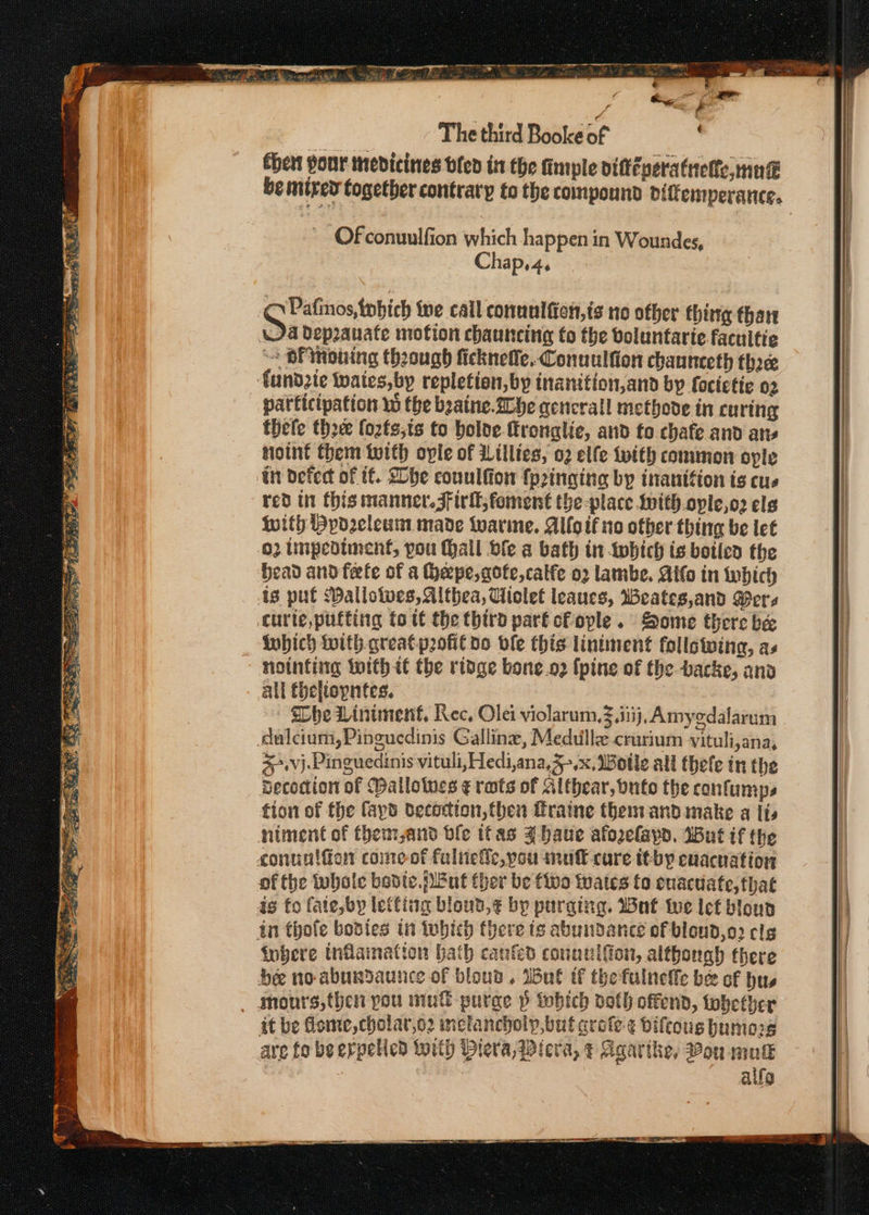 Bre k € OF conuulfion which happen in Woundes, Chap. 4. ‘Patmos, {obich tne call connaltien,ts no other thing thare Wa Deprauate motion chauncing fo the boluntarte facuitie “ OF mouing theough ficknefle. Conuulfion channecth three fundzte Wwaics,by repletion,by inamtion,and by focietie 02 participation 1 the beatne. Whe gencrall methove in curing thele th2e fozts;ts to bolde-fronglie, and to chafe and ans noint them with ople of Lillies, 02 elfe {with common oyle | in defect of tf. She conulfion {pringing by inanition ts cus red in this manner.JFirll;foment the-place with.ople,o2 els With Pydeecleuin made twarme. Alfoif no other thing be let 2 inpedtment, pou hall ble a bath in which is botled the | Head and fete of a Hheepe,gote,calfe o2 lambe. Allo in tobich | | | is put Dallotves, Althea, Uiolet leaucs, Beates,and Bers curte, putting to tt the third part cfople . Some there bee iobich with. greatpofit do vle this lintment following, as nointing witht the ridge bone.o2 {pine of the backe, ano all theliopntes. She Wintmnent. Rec, Olei violarum,3.3i3j, Amyodalarum | Aulcium, Pinguedinis Galline, Medulle crurium vituli,ana, | 35&gt;. vj. Pinguedinis vituli, Hedi,ana,4&gt;.x, Botle all thefe in the Decodion of Mallolues ¢ rats of Althear, buto the confumps fion of fhe (apd decoction, then Traine them and make a lis | niment of them,and bfe ifas 4 have afozelapd. Wut if the | conuntfion comeof fuliie&amp;e,pou inuf cure tby enacnation I of the tubole bedte. peut ther be fiwo tates to enacuate, that | is fo fate,by letting bloud,¢ by purging. But tue lef bloun i in thofe bosies tn which there tg abundance of bloud,o2 cls fobere inflaimation bath canted conanlfon, although there he no abundaunce of blout . Wat if the fulnelfe bee of bus — monrs, then pou mui purge p tobich doth offend, tobether it be Gome,cholar,o2 melancholy,but grote ¢ biftous humors are fo be expelled with Diera, Piera, ¢ Agartke, Pou mule alfa