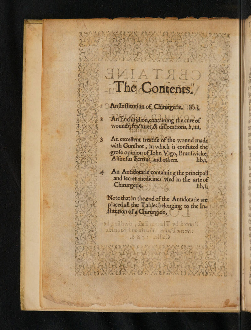 firiectiene ee SOU E Vy yt Sas ee re 4 AnInftitation of Chirurgerie, lib, “Ani Enchitidion,containing theciréof 5° wounds, fractures,&amp; diflocations, li,iiii, An excellent treatife of the wound made | ‘with Gunfhot , in which is confuted the - || grofe opinion of John Vigo, Brunfwicke, 233.» i | Alfonfus Eerriys, and.cthers, . lib, Zz ae ee &gt; a An Antidotarie'containing the principal. : and fecret-medicines vied in the arteof iz: Chirurgeti¢,) ibe ce Tg a” angst a ‘Note thatin theendof the Antidotarie are. &gt; placed all the Tables belonging tothe Ine | 4 ] | i , | 4 3 ae £3 fs. &lt; | y co ous aa 2 Bea i 2 -~ a ty reer 2% | ‘ oF 3 : ae ae ae ¥ ae = pat | a ee Litwz'’s 3 &gt; # hts 5 ena ¥ ia ee Seah 3 } A a * oem -