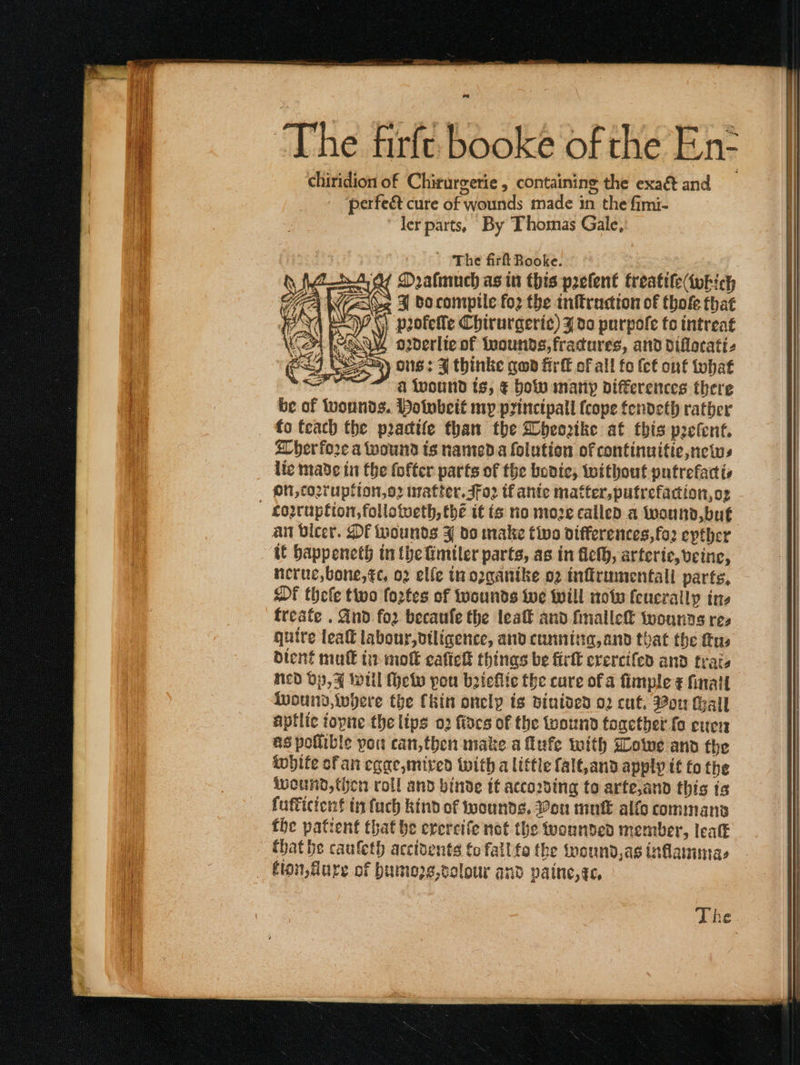 ' ‘The fir Booke. Y Drafmuch as in this pefent treatifedubich Ge J do compile fo2 the inftrucion of thofe that p2ofelle Chirurgeric) J do purpole to intreat oderlie of tvounds, fracures, and diflocatt- som) ons: J thinke nod firf€ of all fo (ct ont tohat ie a ivound ts, € bow marty differences there be of wounds. Potnbeit my princtpall {cope fendeth rather fo fcach the pracife than the Dbheortke at this peefent. EC her fore a wound ts nanieda folution of continuitie news lic made in the fofter parts of the bovic; without putrefactia Ot, corvupfion,o2 matter. JFo2 tf ante matter, pufrefacion,o2 - LOWuplion, follatveth, thé it ts no moze called a wound, but an bicer. DF wounds FJ do make tivo differences, fo2 epther tt bappeneth tn {he fimiler parts, as in fieth, arterte, veine, neruc,bone, tc, 02 elfe trozganike o2 inffrumentall parts, DF thefe two fortes of wounds we will m0 feucrally ine freate . Gnd fo2 becaufe the leatt and finalle&amp; twounns res quire leatt labour, diligence, and cunnitia, and that the fue dient mut€ tit molt caftelt thinas be firtk erercifed and frais ned Op, 4 Wil (Helv pou biefite the cure of a fimple ¢ finail inound, where the Chin oncly ts piuived 02 cut, ou hall aptlic topne the lips o2 fiacs of the wound together fo cuen as pollible you can,then make a lufe with woiwe and the twhite ofan egae,mived with alittle falt,and apply it fo the wound, then roll and binde it acco2ding to arfe,and this is fufticient in fuch kind of wounds. on mnt alfo commans fhe patient that be erercife not the wounded member, lealk thathe cauleth acctdents to fall ta the tpound,as inflammas _ fon, fure of bumozgs, valour and paine,ge, The