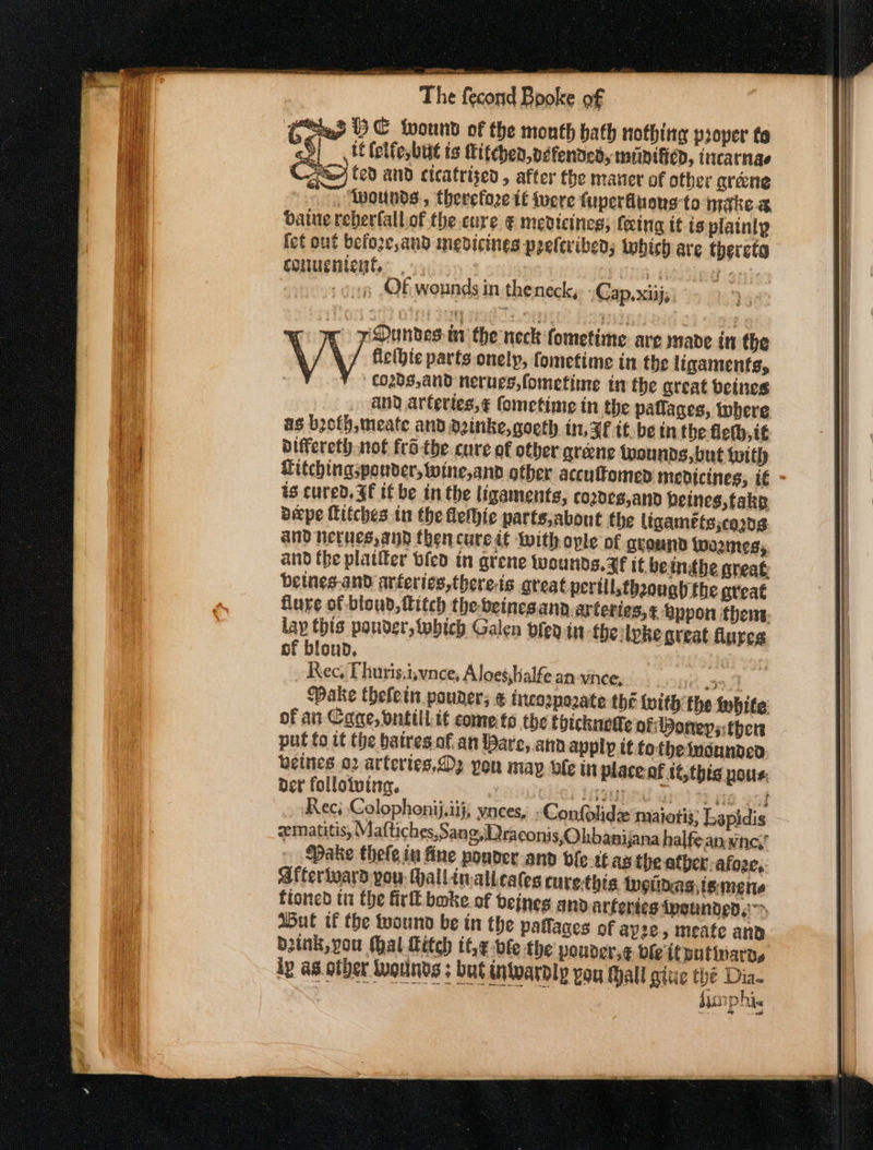 aeaeTE Seem anit he fecand Booke of Coe BE wound of the month hath nothing proper to Fal tf felfe,but is Titchen,véfended, muanificd, incarnas Ce) (ed and cieatrised, after the maner of other arene wounds, therefore if ivere fuperfluons to make.e baie reberfall of the cure € medicines; fering it is plainly fet out befoze,and medicines paelcribed; iwhish are thercts conucnient. . 7 i cies Of wounds in theneck,. - Cap, xiij, ‘Dundes ar the neck fometime ave made in the \ / \ / fiethic parts onelp, fometime in the ligaments, co2bS,and nerues,fometime in the great beines and arteries, ¢ fometime in the paflages, tobere as b2oth,meate and dginke,goeth in, ZF tt. be in the fieth,it differeth not frd the cure of other greene hounds, but with Hitchingspouder, wine,and other accuttomed medicines, if ~ ts cured. $F if be in the ligaments, co2d£8,and beines, take Depe Kiiches in the lelhic parts,about the ligamets;ca20g and nerues, and then cure it with ople of ground Wwo2mes, and the platter bled in grene wounds, Hf it bein.the great: betnes-and arferics,thereis great pertll,thzough the aveat flure of-bloud, fitch the beinesann.arteries,¢ bppon then. lay this ponder, twbich Galen plea in-the: lpke great flures of blond, Rec, Thuris.isvnce, Aloeshialfe an-viee, Make thefetn pauner; € inca of an Cane, ontill tt come to the put fo it the batres.of. an Pare, a beines 02 arteries, der folloiving. . a2 7 bite ide maiatis; Lapidis g Draconis, Ohbanijana halfeanwney’ Pake thefe in fine pouver-and bie-t¢ aa the atber -afoze,. Afterivard you Hallinalicates cure-this Ingiinagismene fioned tt the fir boke. of veines and arferies pounded se Aut if the wound be in the pafages of ayze, meate and dink, you thal Litch it,e ble the pouver,¢ ble ttputhiards ip a8 other Wounds ; but inwardly you Mall give thé Dia- dunphi. i &amp; =