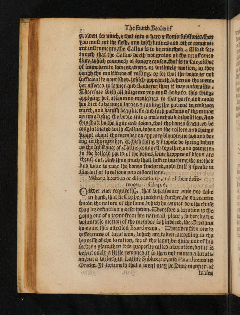 Grolwen for nich, ¢ that into a bard ¢ Konte fubltance,thert you mult cul the fleth, and wityiniues and. other connrnte ent inframents;the Callus is to be minithen... Aifo.it fos funeth that the Callus-doeth not grotve at the nccutomed fine, which commneth of Landgy.caules, that isto faicscither of ummoderate foment ations,.o2 ontimely motion, 02 thos peape Re nulfitude.of rolling, 02.fo2 thatthe bovicis not fufficiently nonrithed, lobich: appeareth, whemas the meme ‘Der affected. is leaner and fenderer than it wasnatarallie « Wherefore twith all ntligence you mul loke fo. this thing; applning bof attracine-smedicines to that parte,and caule bis dict to.be moze larger, e caufing the patient tarmbrace mirth, and. banilh bequinefic ano.fach pallens of the minne asimay-bring the bodte into a melancholik oifpottion.ana this yall be fhe fiane.and token, that the bones fradured be Gonglatinated with Callus, then as the rollers.and things Pyapt about the member doappeare.bloudie;snoiwaund-bee ing iu thewemiber, Wibich thing J fuppole-d9 Spaing iwhers a6 {he Iubttance of Callus commeth tonetber,ana going ina fo the hollow parts of the bones, feme,bzoppes of bloud are {haut out. Ana thus much hall tuffice touching tbe methor And Wale to cure the bones fracured,nolw twill F fpeake Uke (o2€-of luratious ano dillocationgs. - sin? Sidi »3,, Wihat.a luxation or diflocationis,and of their diffe- °°- a vary ef wetpet ¢ Kemeess) ¢ Chap, 6, &gt; nate?’ ond (yp Roer ener requireth:, that tobatlocucr ante doe fake ) bv-banb, that Gril o2-be paoceeneth: farther, be a eractie isnot the nature of the fame, bich be cannot do otherwite than by definition goglcription, Dherefore a iurationis the going out of a topnt-fro:n bis naturall place 5 -tubereby the golunfaricmotion of the member is hindered, fherecians po-naine.this affection Exarthrema,: Dhere are five onely Hifferences of lurations, tubich ave.takem:accopding.to the: bianelle of-the luration, fo2tf the tayt be quite out of hig focket ¢ place;ther ifis p2operli¢ called alurafion, but if i¢ bejbul oncly.a Hitle remoued, tt ig then notnamen a luratis gn, but a Wziecgsin datine Subluxatio,ana Pararthrema (i Crake, At fortuneth that s topnt nay be foure mannet: be | dil Spates