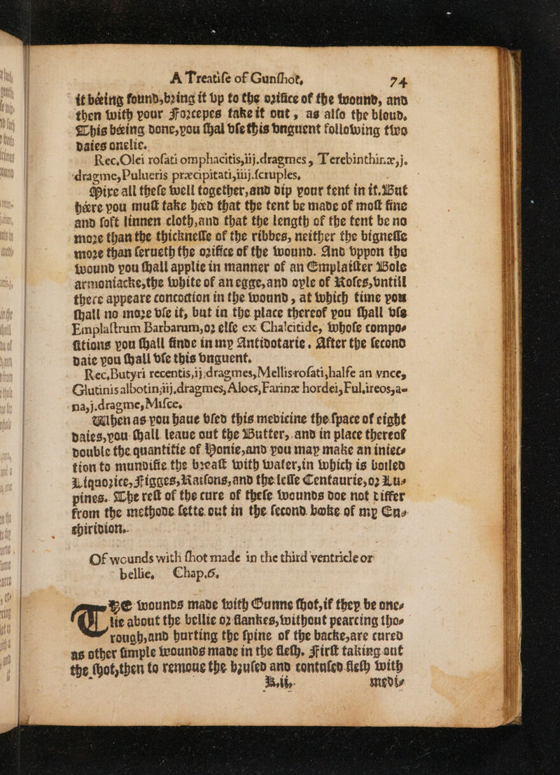 it beeing found, bina if Dp fo Che o2tfice of the tuonnd, and then twith pour Jozcepes fakett out, ag alfo the bloud, Whis being done,pou Hal ble this bnguent following tivo nates onelte. Rec,Olei rofati omphacitis,iij.dragmes , Terebinthirz,j, Mire all thefe well together, and dip pour fent tn if. Wat bere pou mu take bed that the tent be made of mot fine and fof linnen cloth,and that the length of the tent be no moze than the thicknefle of the ribbes, neither the bignefle moze than Cerueth the oztfice of the wound. Ant dppon the {yound you fhall applie in manner of an Cmmplatiter Wole armontacke,the wbite of anegge,and ople of Kofes, bnttil Emplaftrum Barbarum,9) elfe ex Chalcitide, tobofe compos fitions you Mall finde inimyp Antidotarte. After the {econd paie you thall ble this buguent. Rec,Butyri recentis,ij;dragmes, Mellisrofati,halfe an vnee, Glutinis albotin;iij,dragmes, Aloes, Farin hordei, Ful,ireos,ae na,j.dragme, Mifce, wWiben as. vou haue bled this. mevicine the-fpace of ciaht paies, pou: Mall. leave out the Wutter,.and in place thereof pouble the quantttte of Ponte,and pou may make an iniecs tion to mundifie the breal with wwafer,in which is boiled 1, tqnozice, Tignes, Ratlous, and the tclle Cenfaurie,o2 Lus pines.. She rell of the cure of thefe toounds doe not biffer ebiridior... OF wounds with fhot made in the third ventricle or: bellie, Chap, lie about the. bellic o2 flankes, without pearcing thoe rouab,anbd burting the fpine of the backe,are cured as other fimple teounds mabe in the fleth, Sirtl taking one the (hof,then to remous- the bzufed and contufed-feth with i Baty medts TT lcavous tse made fuith Gunns thot, if thep be ones atk &amp;