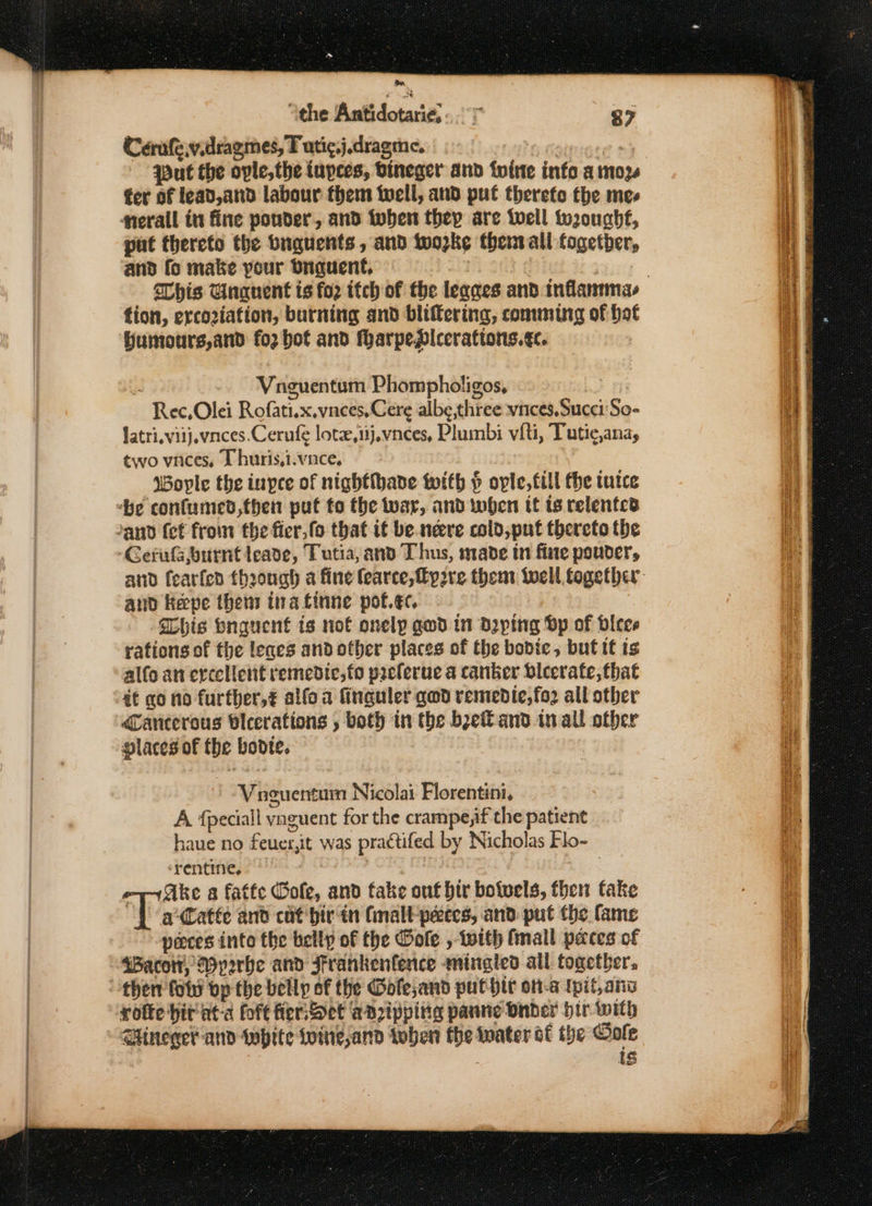 Ceanfev.dragmes, Tutic,j.dragme. wut the ople,the iupces, bineger and {wine info a moze fer of iead,and labour them tell, and put therefe the mes put thereto the bugquents , and twozke thers all fogetber, and fo make your Diguent, tion, ercoziation, burning and bliffering, comming of hot humours,and fo2 bot and fharpeplcerations.¢c. F Vnguentum Phompholigos, Rec,Olei Rofati.x.vnces,Cere albe,three vnces.Succi:So- fatri.viij.vnces.Cerufe lote,iij.vnces, Plumbi viti, Tutie,anay two vnces, Uhuris,i.vnce, | Wople the inpee of nightthave with § ople, fill the tutce and fearfen thoough a fine fearce,yp2re thent well together and Kepe them ina finne pot.ec, SLhis bnauent is not onelp gwd in daping Dp of vices rations of the leges and other places of the bodic, but tt ts alfo an ercellent remedic,fo paclerue a canker bleerate, that at qo no further,¢ alfoa finguler gad remedic,fo2 all other ariterous bleerations , both in the bef and in all other places of the bodte. Vaeguentum Nicolai Florentini, A fpeciall vaguent for the crampe,if the patient haue no feuer,it was practifed by Nicholas Flo- ‘rentine, rake a fatte Cole, and take ont bir botvels, then take i be atte and cat bir in fmalt-petes, and put the fame peeces into the belly of the Dole , with fmall paces of 4Bacott, Myarbe and Frankenfence mingled all together. rotte hir'at-a foft fier: Det aazippitig panne Onder bir with GHineget and tubite toing,and tohen the water af the Cole } ts