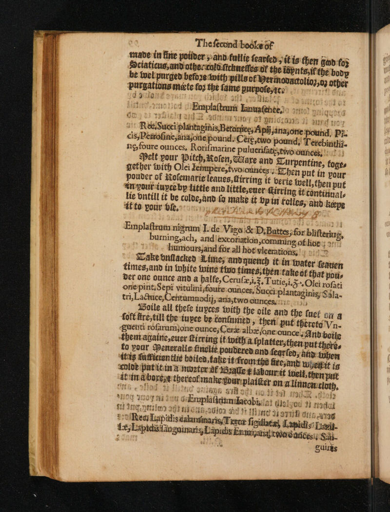 trade-in fine potider sand fullte feavten, i is then god:fo} aactaticus,and othercolt:fichne test the ispnts,if the body be wel purged before with pilis of Verinovartolio),o, other ‘purgations mete fo) the fame purpoteyee: P gey Hae. Emplaf tram . Eanuagehee?. . 25) Ree Succi plantaginis, Betonice o s Api anajone pound, Pj. cis, Petrofine,anajotie pound. Cere,two pound; Terebinthij. ne, foure ounces, Rorifmarine puluerifateewouounces; tay? 33 Pelt pour Pitch, Rofen, Ware and &lt;Lurpentine, fonts gether twith Olei denuptre,twoiounées:; ben put in pour pouder of iolemarie leaues,firring tt erie well, then pu€ &lt;iwyourtupeeby little ann little,euer tirring t continnals te Dutill tf be coloe,and to make it bp toliesy and Keepe Emplaftram nigrum T.de Vigo &amp; D, Buttes; for blifteri 1m, e sg 5 © burning,ach, and excoriation comming of hog; &gt;: oO humioursjand for all hot vicerations, SLake bnflacked Lime; aud quench tin inater (any fimes,and in White wine tiyo times, then:take of that potis Utle,1.5&gt;.Olei rofati one'pint,Sepi vitulinifoute ounces, Succi plantaginis, Sola- tri, La@uce, Centumnodij, ana,two ounces ic 5 Wotle ald thefe tuyces With the cile anp the {uct si g foft fre,ttll the -tupee be: tonfumen, then: put theretg’Vn- Queiti rofaruamjone'ounce; Cer albz jon ' seiane 18 Grdkti'e pene Ue SAND botie -Ebentagaite,eucr firing if witha (platter, © D; ‘(hig EuiPictan thie boites, take it fromtye Gresank wists ic olde (pattoia nwe2ter af ralle ¢ labourtt lnelt, ther pure ci cloth, oA 4 43 AF yy ' OG Fi Nodal f p? * 274 *4¢ Hf St eee Py Set oh 5 5HGt 4§ S743 i P3232 939 ; -. a ‘7! 4 7 Ete Tree neeefane 88S Soa e esa lT 4 ; (yok E Suints
