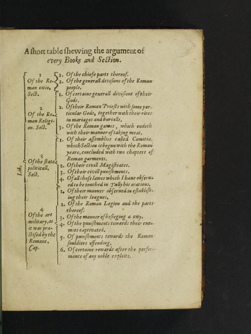 A fli.ort table (hewing the argument of every Book$ and ScBion* 1 V Of the Re-^z. man cttie« Sell, Of the Re,, man Reltgu I on. Sell, J3» ^ Of the flate\ politic all. Sell. 1 3 r 4 Of the art military,as it was pra- clifed by the Romans, CaP' 2« 3‘ i Of the chiefe parts thereof. Ofthegenerall dtvifions of the Roman people. Ofcerta'tnegenerall divifions of their Cjods. Oft heir Roman Triefls withfome par. ticular Gods, together with their rites in mariages and bur tails. Of the Roman games 3 whtch endeth with their manner of taking meat. Of their ajfemblies called Comitia, whichSeltion ts begun with the Roman yeare, concluded with two chapters of Roman garments. , Of their civill Afagijlrates. Of their civillpunijhments. Of all thofe lawes which I haue obfertti ed to be touched in Tally his orations. Of their manner obf trued in ejlabltjb° ■ ing their leagues. Of the Roman Legion and the parts thereof. Of the manner ofbefeging a city. Of the punijhments towards their ene~ mies captivated. Of pumjhments towards the Roman fouldiers offending. Of certaine rewards after the perfor¬ mance of any noble exploits,.