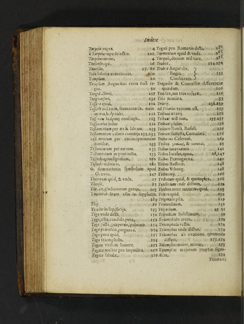 4 Togati pro Romaukdi&i, 101 Tormentum quid & vnde. 4 Torquis,donum mil tare. 2 6 Trabca. 97. 66 Trab:a Auguralis, j.uo Regia. 20 Confecrata. Tarpeia rupcs. e Tarpeia rupe deleftio. Tarpcius mons. Tarfcnfe squi. Taurilia. Tula laioria exercicoiij. Tan plum. Tedium Augunbus eerta call re- Tragoed'ue Sc Comoe'dix d.ft'crcnr'ias i 1 a 27* 15 4-17+ 155 gio. TcrgidtCloJes. Terg’vcrJ&ri. Tejjeta quid. Ttjjlrh mihtaus, frumentarja, maria,hofp.talis. Te[f:’iam hofpitij confregir. Tcjjhmus kidur 50 quxdam. 106 257 Tmfcx,aut trestefler^. 116 239 Tria nomina. ,. 33 112 Triarij. 238.259 mim ad Tnarios ventum eft. 25:9 112 Tnbuuixraxi). 178 113 Tribuni mil.tum, 175-257 112 Tribuni plebis. 178 Tcjlammumvzr xs Sc libram. 233 TribumRutili, Rufuli. T if amentum cabtis comitijs 155,233 Tribuni fuifefti, Conntiati. 1 eji meritum per emandpationem Tt.ibttnus Celeruin. familix. 233 Tribus ytrinxi), & tojtikwj Te[lamcn/um pernexum. 233 Tribu(iurevocata Tiftmentum in procindtu, 233 Tribui locales, quoc. T${iiicki quot Ognibcat. 261 Tubus Prxroganva. T.dludo miiuaris. 262 Tribus Rufticx. 0. dananationis (ymbolum apud Tribus \rbsn$. Gixcos. .. 247 Tributary. Tbeatrum quid, 5c vnde, 17 Tnbutum quid, & quottip4ex Thenfe. 85 Triclinium vndr dittum. '//^ cfjjgbdiatorum genus. 103 Tudcm inter rctia.no:> quid. Tiruinmb donum vfus in fupplicijs. Trtcns quid. 189 Trigonatii pila. Tilt). Titu'tis in fupplicijs. Toga vndedidta. H^alba,Candida,pura. Toga pida;j iirpure^,.paluiata. 154 Triumpbalitvtills. Toga prartexta.purpurea. Toga pura quid. Toga triumphalis. Tegam virilcm fumerc. Togau raulier pro irnpudica. Xogau fabulx.. 176 v 17$ 169 a5 , Hi 26.147 140 148 148 a68 168 122 ,1-0.3 >*34 119 131 49 51 <4 .?7» *• ,.-274 154 Triumpbus vnde dirius. 274 : 51 Tfiumkus ab ovations quomodo 254 differc. 173.274 172 Triumpbus maior, minor* _ 273 j50 Triumpbus majorem propric iigni- ifOdacat. vh *74 Triumviri 66 Trinttndimtrn, 193 Tri]umm. 150 Tripudium SoliOimum. , 152 Ttiumpbalcs, arcus. s,