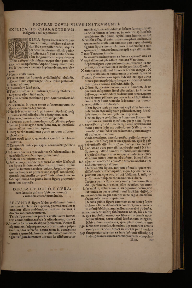 I FIGVRAE OCVLI VISVS 1NSTRVMENTI. I EXPLICATIO CHARACTERVM 11 ’ in figuris oculi repertorum* ■ RIMA figura alteram oculi par* |tem exprimit,una fedione ab ante* ,riorifedepcr pofteriorem, acqj ita per neruum uiforium diuifi, perin* ;defcilicct,acft quisdiuifa; fecun* _ddm longitudinem cepae alteram partem ea fuperficie delinearet,qua alteri parti co* nata continuacp fuerat. Atq3 hoc quoq^ modo eoe* los, St quatuor elementa in plano depingere fole* mus. - ‘ A Humor cryftallinus. B Tunica anteriori humoris cryftallini fedi obducta, & tenuiflllmae ceparum pellicula inftar pellucida. C Humor uitreus* X) Nerui uiforij fubftantia. E Tunica quam reti affimilanuis,quamqsrefoluta ui* fortj nerui efficit fubftantia. F Tenuis cerebri membranj portio,neruouiforio ob ducfla. GVuea tunica, in quam tenuis uiforium neruum in* duens membrana degenerat. H Hac fedeuuea tunica in pofteriora coprimit, neqj cornea exterius illi obduda cotingit tunicam. 1 Foramen,quo uuea foratur,ipfaue,pupilla. K Tunica ab uuea initium ducens, St cilijs feupalpe* brarum pilis imagine correfpondens, ac interftitiu pariter tiitrei humoris ab aqueo. LDur^ cerebri membrana: portio neruum uiforium obuoluens. MDura oculi tunica, quam dura cerebri membrana conftituit. N Dura; oculi tunica: pars, qua: cornu inftar pelluci* dauificur. ),0 Humor aqueus, atque inferius O fedem indicat, in qua fuffufiones plerunque proueniunt. P Mufculi oculum mouentes. Q^Adh^rens,albaue oculi tunica.Caetcrum fubfeque tes figura feriatim oculi partes exprimunt, primu quidem humores,ac dein tunicas. Atqj has figuras omnes femper ad primam non inepte contuleris,*: quandoquidem illx compofitionis ordine intricem fubfequuntur,ac ad prima: huius figurg proportio* nem funt expreffte. DECEM ET OCTO FIGVRA* rum feriatim primam fubfequentium,& earundem charaderum Index. n S E C V N D A figura folum cryftallinum humo rem anteriori fede ita exprimit, quemadmodum is omnibus illum ambientibus partibus liberatus,e direcfio intuentioccurrcret. Tertia figura nudum prorfus cryftallinum humo* rem commonftrat,ea fede fc oftendentem, qua ex y R latere,ut ita dicam,ab aliquo fpedaretur. Verum R [ afperitatem,fedemcp notat,cui oculi tunica palpe* (brarum pilos referens, ac undecima St duodecima figuris exprimeda,humori cryftallino connafcitur. Quarta figura humorem uitreum ita effidum com* I • monftrac,quemadmodum is fi fuam formam, quam in oculo obtinet referuarct, in anteriori ipfius fede confpicuus cffet,quum cryftallinus humor ex illo S euulfus effet. S enim cauitatem ipfius indicat, in quam media cryftallini humoris pars reponebatur t Qtiinta figura vitreum humorem eadem facie qua quarta exprimit,uerum adhuc ipfi cryftallinus hu* T mor T notatus innatat. , Sexta uitreum humorem ex latere exprimit, una eff V cryftallino qui ipfi adhuc innatans V notatur. Septima figura aqueum humorem ex latere ita ex* primic,quemadmodum in oculo confiftit,8£ adhuc X anteriorem cryftallini humoris fedem integit. X nanqj cryftallinum humorem in praefenti figura no Y tac,ac Y eam humoris aquei fede indicat, qua uueac tunica pars in ipfo(dum integer eft oculus) conti* netur,quae a cornea abfcedit, diftaccp. a,b Odaua figura uitreum humorem a notatum, St a* queum b infignitum fimul comonftrat, ita inuicem diffitos.quemadmodum ea dirimutur tunica,quam palpebrarum pilis non perperam in effigie affimi* lamus.Atq* huius tunicula: fedes inter hos humo* c, res confiftens c indicatur. Nona figura tunicam anteriori cryftallini humoris fedi obnatam,St infigniter pellucidam, acqj hic ab ipfo humore liberatam,a latere exprimit. Decima figura cryftallinum humorem a latere ofte dit,adhuc ea tunicula intectum, quem nona figura j expreffit.atcp hic d tuniculam, c ucro cryftaltini hu 5 * moris partem indicant pofteriorem, St illa tunicula non obdudam,fed in uicreo humore,quum integer eft oculus,natitantem. Vndecima figura anteriorem feu pofteriorem par* tem indicat tunic^ quam uuea producit, qua?cp pal* g,g. pebraru pilis affimilatur.Carterum hate circulo g St f f. g notato ab uuea pronafcitur,circulo aute f St fin* fignito cryftallino humori inferitur, adnafeiturue. Duodecima figura tunicam,quam undecima ofte* dic adhuc uitreo humori obductam, St cryftallino h h. adnatam conttnet.h enim 8thtunicam notant.iue* 9 i. ro,humorem cryftallinum. Decima tertia figura, tunicam oftendit, quam reti diffedionis periti comparat, atque hf c a latere ex* Jc. primitur una cum nerui uiforij fubftantia k infigni* ta,&dura tenuiep cerebri membranis libera. Decima quarta figura uuea: tunic^ incernam often dic fuperficiem. hic enim ipfam cuerfam, uti inter t. fecandufit, dehneauimus.l ita cj portiunculam no* tattunic^,in quam uiforij nerui fubftatia diffolui* tn. tur.m fedem, in qua anterior uuea: regio introrfum feu in pofteriora comprimitur. Decima quinta figura externam uuea: tunicj fuper fidem ex latere delineatam continet, una cum ner* ui uiforij fubftatia,tenui mebrana cerebri obduda. n. n enim nerui uiforij fubftantiam notat, hic a tenui o. qua inuoluicurmembrana liberam, o tenuis nota* , tur membrana, nerui uiforij fubftantiam integens. St hic a dura membrana, qua: ipfam quoque ante p, p. fedionem obuoluit,denudata*p,p uenarum arteria rumcp a dura oculi tunica in uueam pertinentium q, q: funt portiuncula:,iam ex feric fedionis effradg.q,q fedes,qua uuea tunica anteriori in parte comprimi* H.iii* tut /