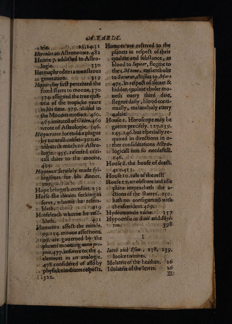& ~y WIE, Heiirie 7: addicted to. Aftro- sJogies:: <2: an generations. 96) of 2 » vinghis thme. 97.9. :skilful in: -»-the Moosies motion: 460. ds 465amitatedofG len.460 «wrote of Aftrologie.:346. Hippocrates koretoldia plague -s by naturalhicattlass:79-2,2¢- ‘ tabuteth mich! Aftro- -wtoview gs 5.refented: critt- call dates: tothe ‘moone, Ss a Me zs A 8 : Hipponns: Seruitel A made fyl- vf Teeifraes chor 40s @aner. origmignatnts i? ils tc Fee be) Hope bringeth.comforts 2 3 2 Horle-flie ahwaies fackingin ifores: whome her réfem- Horfeleach whomerhe relc- ‘bleth. wich ect yotfhes ‘don . lpgits4. mooue affetions. ol aplanets mMooUjny wel pro- opria.g7pankwere tothe 4. v: gqBiconfidered “of alfoby x L§ 220. lanets in refpeét. of their . qualitie-and fubfance ,.as. blood to Jupster, flegme to: thee done: «uelancholie 75 cinrelpedt of Heoxet Sc hidden, qualitié choler mo- weth euery third. -.daig,. flegmeé daily; blood. conti- nually, melancholy ettery: A vapachalesy 2° fa are fae ook Houle. Horofcopemay be. gotten precifely. 1 27.43 9. .a45.:1.46.burefpecially.re- uired in directions in o-. ether confidérations Aftro- .s Idgicall non fo mecdefull, vid gaiThgh 32. 202 291 oe Houfeto.rule of thereltt Houfer2amobicure andidle - place: impeacheth the: a- ions of the ftarres..25o.. vo! hath no: configurand with: a theafeendent:46 ge 0s: ‘Wydéomancie vaio: <> °3 57 Hypoerific inwWawl anidsSke/= rons oil) priest oh a yeaggBe 4, latob and fam» 23839239. < Yooketwinnes.” .> °°: Tdolatti¢ofthe heathen. 26: ‘[dolatricofthelewes: ae