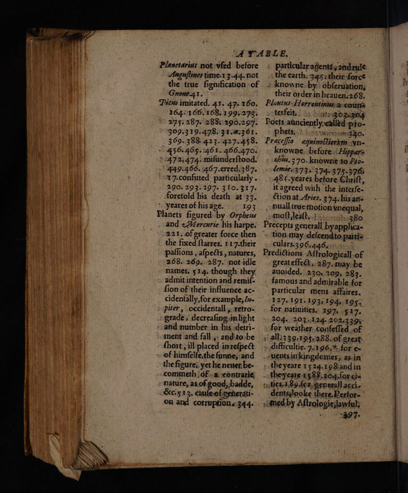Maguftines time.1 3.44. not : particularagents andeule the earth. :345:their force ‘Gnone4t. ¥64°166. 168, 1993273 275; 287s 288) 290.297. 309.319.4978. 31.8.3 61. 369..388..423..427.458. 290. 293.297. 310.317- foretold his death at 33. yeares of his age. 1.93 221. of greater force then paflions , afpeéts , natures, 268. 269.:287. not idle names, 51'4.:though: they. AA their order in heaven;2 68. _cterfeit, al ZOZARO4 Poets. atinciently.called ato: phets..?. oc wivtmgho. Preceffio aguinoétiorkm -yn- knowne: before «| Hippars : \Ghi#.370. knowne to Pto- - VeMbbe 3736374. 375.370 481. yeares before Chrift, it agreed with the interfe- tion at Aries. 39.4:his ans _ puall.true motion vnequal, molt lealted 5.0 chy. 380 Precepts generall byapplica- culars.396.4466: +5 Predi&amp;tions Aftrologicall of great effect. 287. may be auloided.' 230. 209, 283. . famous and admirable for particular mens. affaires. 127.191.1933, 194, 195. for natiuities, 297, $17. + 204.) 203 12g. 20243 2.94- » for weather confelled cf “alls3 39.10$§.:288..0f Oreat:. » difficultie. 7:1.96.%.for e- uentsinkingdomes;. as.in < theyeare 1524.1 98:andin ey dentsylooke. there.Resfor- sLimed:by ANtrologie;lawful: tn SGOT i Slat nee a ee | ee