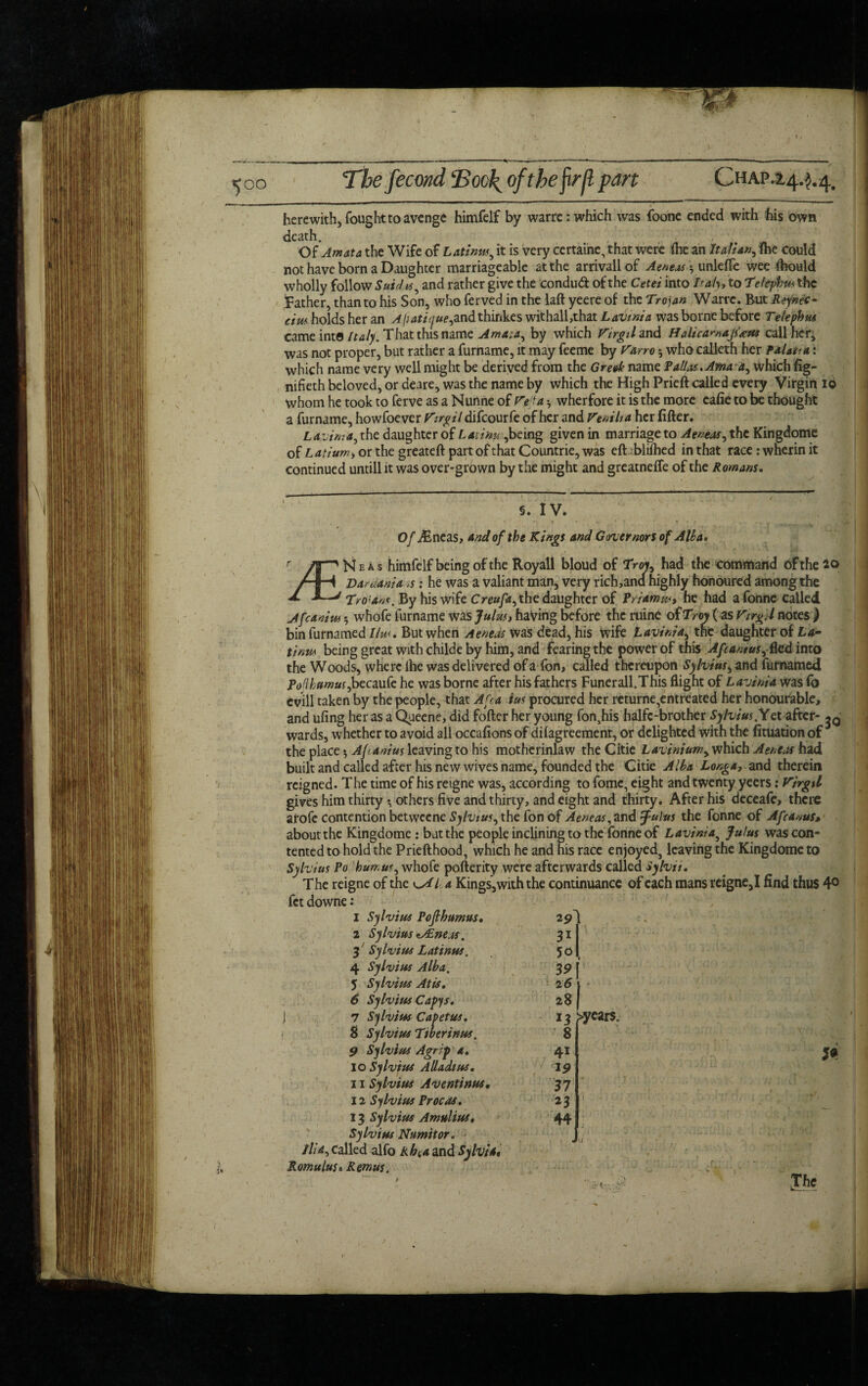 , ;;W The fecond Took of thefirfl pan Chap.z^. herewith, fought to avenge himfelf by warre: which was foone ended with his own death. Of Arndt a the Wife of L atinu.<, it is very certaine, that were (he an Italian, fhe could not have born a Daughter marriageable at the arrivallof Aeneas*, unldTe wee (hould wholly follow Suidat, and rather give the condud of the Cetei into Italy* to Tefephus the Father, than to his Son, who ferved in the laft yeere of the Trojan Warre. But Refnec- ciw holds her an Afiatique,andthinkes withall,that Lavtnia was borne before Telephus came into Italy. That this name Ama.a, by which Virgil and Halicamafiecus call her, was not proper, but rather a furname, it may feeme by Varro whocalleth her pMatt a: which name very well might be derived from the Greek name Palias.*Afnar4, which fig- nifieth beloved, or deare, was the name by which the High Prieft called every Virgin whom he took to ferve as a Nunne of Vet a •, wherfore it is the more calie to be thought a furname, howfoever Virgil difeourfe of her and Vent It a her lifter. Lavima, the daughter of L atinu,being given in marriage to Aeneas, the Kingdome of Latium, or the greateft part of that Countrie, was eft bliihed in that race: wnerin it continued untill it was over-grown by the might and greatnefle of the Romans. §. IV. Of iEneas, and of the Kings and Governors of Alba* 1 Sylvius Pojlhumus. 2 Sylvius zALmm. 3 Sylvius Latinos. 4 Sylvius Alba. 5 Sylvius At is. 6 Sylvius Capys. j 7 Sylvius Capetus. $ Sylvius Tiberinus. 9 Sylvius A grip a. 10 Sylvius Alladius. 11 Sylvius Aventinus. 12 Sylvius Procas. 13 Sylvius Amulius, Sylvius Numitor. Ilia, called alfo Aht,a and Sylvia* Romulus. Remus„ 29^ 3* 50 3 9 26 28 13 ;>year$. • 8 41 19 37 *3 44 J* 5 j i I' '/ ) VJ The id r Nh a s himfelf being of the Royall bloud of Trot, had the command of the 20 / |H Varotania ,s: he was a valiant man, very rich,ana highly honoured among the Tro'ans. By his wife Creufa,the daughter of Priamw> he had a fonne called Afcanim whofe furname was Julm, having before the ruine of Troy (as VtrgA notes ) bin furnamed//i«. But when Aeneas was dead, his Wife Lavinia, tnc daughter of La- tinm being great with childe by him, and fearing the power of this Afcant us, Red into the Woods, where lhe was delivered of a fon> called thereupon Sylvius, and furnamed Pof humus,beemk he was borne after his fathers Funerall.This flight of Lavinia was fo evill taken by the people, that A fa ius procured her returne, entreated her honourable, and ufing her as a Queene, did fofter her young fon^his halfc-brother 5)/u/#j.Yetafter- wards, whether to avoid all occafions of difagreement, or delighted with the flotation of 3 the place •, Afanius leaving to his mothcrinlaw the Citie Lavinium, which Aeneas had built and called after his new wives name, founded the Gitie Alba Longa, and therein reigned. The time of his reigne was, according to fomc, eight and twenty yeers: Virgil gives him thirty ♦, others five and thirty, and eight and thirty. After his deceafe, there atofe contention betweene Sylvius, the fon of Aeneas, and fifulus the fonne of Afcanus, about the Kingdome : but the people inclining to the fonne of Lavinia} Julus was con- tented to hold the Prieft hood, which he and his race enjoyed} leaving the Kingdome to Sylvius Po hum ur, whofe pofterity were afterwards called Sylvtt. The reigne of the l a Kings, with the continuance of each mans reigne,I find thus 4° fet downe: i