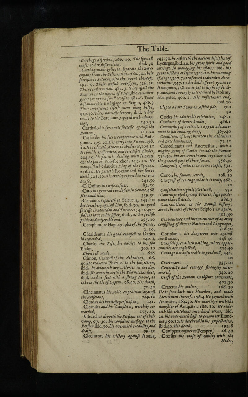 Carthage deferred, 26$. 10. Thefipecidd caufes of her definition, ibid. 30 Carthaginians policy to feparate the Syra- cufians from the Sehnuntines,2%2.f)o. their facrifice to Saturne,with the event thereof.\ 2573.10. Their wofu/l overfight, 316.50 :Theircqnfiernation, 482.3. They a fail the Rowans in the haven of Vtica,ibid.5 o .their great j oy upon a fmall occafion»at%'^.6. That difononrable Bmbafage to Scipio, 48^*3 Their impatience lofeth them many helps, 419.50.rWbootlefjeforrow, ibid. Their envie to the Barchines/spayed with advan¬ tage, 54°-3° Carthalo his for innate fuccejfi againf the Romans,1 , • 3U.20 Caffarder his fcr et conference with Anti- gonus. i<?5- 20,His entry into Piratis. 198* reduceth Athens to obedience,199 10 builds Cafandria, and re-edifes Thebes, 204.so. his politick dealing iv/MAlexan- det'thefon of Polyfperdion. 215* 30* hie vanquifeth Glaucius King of the Illyrians. 216.10. Heputteth Roxane and her fonto death ,2 25.5 o Mis cruelty repayed on his own houfe, 241.50 C.Caflius his wife an fiver. 83.50 Cato hisgenerailconclufon in Senate,468 His condition, 339-3° Ceraunus repaireth to Seleucus, 245.10 his treachery againf him, ibid. 30. his good fuccejfe in Macedon and Thrace.2^. 1 o.per¬ fidious love to hisfifier, ibid.30. bisfoolifh pride and mifenable end, 255* 10 Ceraphim, or Hagiographa of the fietves, 2. 10. Charidemus his good connfell to Darius ill rewarded, 149. 4 Charles the Tift, his advice to bis fon Philip, 3°°*10 Choice ill made, 628 Cimon, Generali of the Athenians, 66. ^o.He reduceth Phafdis to the JubjeCtion, ibid, he obtaineth two victories in one day, ibid. He overthroweth the Phoenicians fleet, ibid, and is fent with a firong Navie, to take in the lie of Cyprus3 68.40. His death, 70.40 Cincinnatus his noble expedition againfi the Volfcians, 249.1 o Cleadas his bootleffeperfwafon, 141. Cleander and his Complices, worthily re¬ warded, 175.20. Clearchus driveththePerfians out of their Camp,grj. 30. his confident me(jage to the Perfinn.ibid. ^0. his overmuch credulity,and death, 99.10 Cleomenes his victory againfi Aratus, V ” s. 343.30.he refloreth the ancientdifciplineof Lycurgus5ibid.40.^/J great fpirit and good carriage in managing his affairs ibid, his great victory atDymes,345.20.his winning of 'Argos,347.yds enforced toabandon Aero- corinthm,347.10Ms bold affront given to Antigonus,348.30./V put to flight by Anti* gonus,and lovingly entertained^yPtolemy Euergetes, 400.1. His unfortunate end, n ibid. 50 Clypea a Port Town on Africk fide, 300 30 Codes his admirable refolution, 248.1 Combates of divers kindes, 466.1 Commodity of a retrait,is a great advance¬ ment to flat running away, 3 67.>40 Conditions of truce between the Athenians and Laccdamomans, 75*5° Concolitarius and Aneroeftus , with a mighty Army of Gaules invade the Romans 3 54.30. but are overthrown, together with the greatefipart of their forces, 3 5 6.30 Congruity of natures in a rare couple, 532. 30 Conon his famous retrait, 108.10 Conquefi of revenge,what it is truly, 468. ' f 3° Confultation rightly [Crtticall, 550 Contempt ufed againfi Princes, leffe pardo¬ nable than ill deeds, 2%6.rj Contradictions in the Romifh hifiory, about the wars of the two Sdpio’s in Spain, 401440 Convenience and inconvenience of an army confifiing of divers Nations and Languages, 316.50 Coriolanus his dangerous war againfi the R omans, 2 48 40 Counfailprevailethnothing, where oppor¬ tunities are neglected, 354-40 Courage not anfwerable to goodwill, 444. 10 Court wars. 335.10 Cowardice and courage firangely inter¬ mixed, 340.20 Craft of the Remans in ebfiure covenants, 402.30 Cratcrus/;/* malice, 166.20 He is fent back into Macedon, and made Lievtenant thereof. 1 y6.0f.He joyneth with Antipater, 184.30. His marriage with the daughter of Antipater, 186. 10. He redu¬ ceth the t/Etolians into hard terms, ibid. 20. his over-much hafi to eneoun ter Eume- nes,i 9e1.10.Is deceived in his expectation, ibid.40. His death, 191.8 Cratippus anfwer to Pompey, 26.40 Crcefus his caufe of enmity with the. Mcdes,