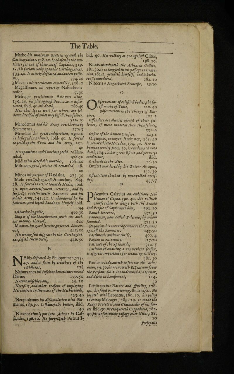 Matho his mutinous Oration again[l the Carthaginians. 318.20.Is chofen by the mu- tinersfor one of their chief Captains, 319. I* His furious Sally uponthe Carthaginians. 533.40. Is utterly defeated^andfakenprifo- ner^ 334-20 ^Mazeus his treacherous cowardice, 158.1 Megafthenes his report of Nabuchodo- nofor, 7. 50 Meleager proclaimeth A rid crus King, 179* 20. his plot againjl Perdiccas is difco- vered, ibid. 40.his death, 180.40 Men that lye in wait for ethers, are Jel- dome heedful of what may befall themfelves, 522. 10 Menedemus and his Army overthrown, by Spitamenes, 170.3 Menelaus his great indifcretion^ 230.10 Is befeged in Salamis, ibid. 40. Is forced toyeeldupthe Town and his Army, 231. 40 Metapontines andThtirines yeeld to Han¬ nibal, 428.50 Midias'A&r detefable mart her, 108. 40 MiltiadesgWfervice ill rewarded, 48. ■N 20 Minos his purfuit tf/Da?dalus, 273.30 iMolo rebelleth.againf Antiochus, 644. 28. Is forced to retire towards Media ^ ibid. 50. upon advertifement returnes , £y furpn^e overthroweth Xoenctas aW his whole Army, 543* • -H. A abandoned by his followersgmd layeth hands on himfelf. ibid. 44 CMurder byguile, 470.30 Mufter of the Macedonians, the d*?#- manner thereof 610 Mutincs his goodfervicejrocures him en- vie, 445 • 5 0 His wrong full difgrace by the Carthagini¬ ans J of eth them Sicif 446. 50 N *-/ > ,■ t .. A \ NAbis defeated by Philopcemen,575. 47. and is (lain by treachery of the tAtolianSy 578 Naburzanes his infolent behaviour toward Darius 159.50 Nature mifchievouSy 20. 10 ISUcefityyand other reafons of imploying Mercenaries in the wars of the Netherlands, 323.40 Neoptolcmus his difimulation with Eu¬ genes, 189:30. Isjhamefully beateny ibid, 40 Nicanor timely put into Athens by Caf- £uidcrvx$$.ao. He furpri^eth Pir^us I¬ bid. 40. His viStory at Sea againf Clitus^ 198. 50. Nicias abandoneth the Athenian Galhesy 281.30 Js entangled in his paffage to Came- rinay 282.1. yeeldeth himfelf and is barb a. notify murdered, 282.10 Nitocris a Magnificent Princejfey 151.50 O * 1 1 OEfervations of celefliall bodiesjhc fu- ref marks of Time, 2 2 o. 40 obfervations in the change of Em¬ pires y 401.2 Offenders are alwaies afraid of their fel¬ low es, if more innocent than them (elves. 331.4 Office of the R oman Confers, 423,1 Olympias, enemy to Antiputer, 181. 40 is revoked into Macedony\y\. 30. Her in¬ humane cruelty ,2 02.30. is condemned unto deathyio/^.io.hergreat Efate^mdperv. rfe conditions y ibid. Orchards in the Aire. 16.30 Oreftes murdered by his Tutour zEropus, 132.30 of entation checked by unexpected necef fij- '437-7 p PAcuvius Calavius an ambitious No« bleman of Capua. 390- 40. this politick courfe taken to oblige both the Senate and People of Capua unto himy 391.10 Panick t err ours, 432.30 PanormuSynow called PalermOy by whom founded. 373.5 o Papyrius his encouragement to the Romans againf the Samnites, 147.50 Parfiimonie without thrift, 400. 4 P of ion in extremity, 27.20 Patience of the Spaniards, 312.5 Patience of awaiting a convenient feafony is of great importance for obtaining victory. 381.30 Paufanias advanceth to fuccour the Athe¬ nians ,59,30.he recovereth Bi^antiumfrom the Per fans.66.1.is condemned as a tray tor, and dyeth in han/fhment, j 14. 3° Perdiccas his Nature and Quality, 178. 40. his fond over-weening.lbidcmy^o. He joyneth n^Leonacus,i8o. 20. his policy to entrap Meleager, 189. 20. is made the Kings Protestor,and Commander of his for¬ ces. ibid* 30 .he cenquereth Cappadocidy 182# 40,his unfortunate paffage over Nilusyi 88. 20