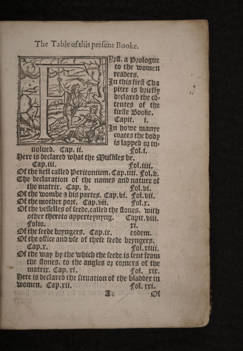 The Table of this prefent Booke. iizr? .i^r a Cologne to tlje toomen reaDers. Intflisfirff cfw ptter 10 briefly DeclareD tty co* tenter of tty ftrSe 2$oo6e. Captf. u In Dotoe manpe coates tfje DoDp ts lappeD o? fn* tfol.t. uolueD. cap. it. ^ #ere is Declared to^at tfye $3©uffiles lie. Cap.tu. tfol.mf. 0f tfce feell calleD $eritomum. cap.ttit. <jfol*fc, ®ty Declaration of tty names anD nature of tfje matrijr. cap. ty jfol.bt. jDf tty toombe a bisparted, cap.bt. jfol.Dtt. j^f t&e mother pojt. cap.Ptt. tfol.jr. jSDf the DefTeHe0 of feeDe,calleD the ffones, truth other thereto appertepnpug. Capit .hut. tfolio. pt 0fthefeeDe hungers. cap.tr. eoDem. C>f the office anDhfe of tljefe feeDe hungers. jfol.jcttu. £>f the map Dp tlje tolncli tfje feeDe ts fent from tty ffones, to tty angles oj centers of the niatrtjr. cap. rt. tfol. jrip. ^ere is DeclareD the ftfuation of tty DlaDDer in tooroen. Cap.pti, tfol.rru r, : : * $2 V ' £>f * . »x %•