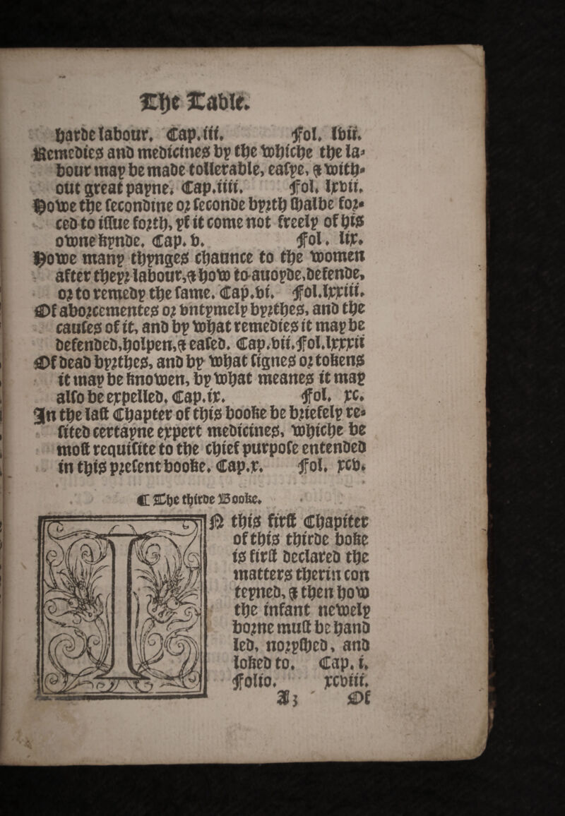 JLty Cable. barDe labour, cap.itf. fol. Ibir. IBcmcDies anD meDicines bp the bobicbe tty la* hour map bemaDe tollerable, eafpe, $ mttb- out great papne. Cap.iui. fob Ijctoii. §oboe tty feconDine o; feconDe bpjtb (balbe foj* ceDtoifluefojtb,pfitcomenot freelp ofbfc obmebpnDe, Cap.b. fol. lije* I^otoc rnanp tbpnges cbaunce to tbe toomcn after ttyvi labour,^ bom to-auopDe,Defense, o? to remeDp tbe fame. Cap.bi. fol.ljcrtii. ® f abojcementes o? bntpmelp bpjtbes, anD tty caufes of ft, anD bp tobat remeDtes it map be DefenDeD.bolpema eafeD. Cap.bti.fol.lOTii Of DeaD bpjtbes, anD bp mbat fignes oj tobens it map be bnomen, bp tobat meaner it map alfo be erpelles. cap.tr. fol. rc. 3n tbe latt Chapter of this boobe be bjiefelp re« fiteD eertapne expert mesicines, tobicbe be molt requifite to tbe chief purpofe entenDeD in this pjefent boobe. Cap.r. fol. pcb* .'J ^ ^ v ■ » • ♦ • C,f ,f • \ f w * 1 ’ ti- 4 ‘ w # v - CCijeWroelSooUc. $ this ftrS Chapiter of this tbirDe bobe is firs Declares the matters tberin con tepnes, a then bom the infant netoelp borne mutt be banD leD, nojplbcb, anD lobeD to. Cap. i. folio. jccDiii. 3; ' Of