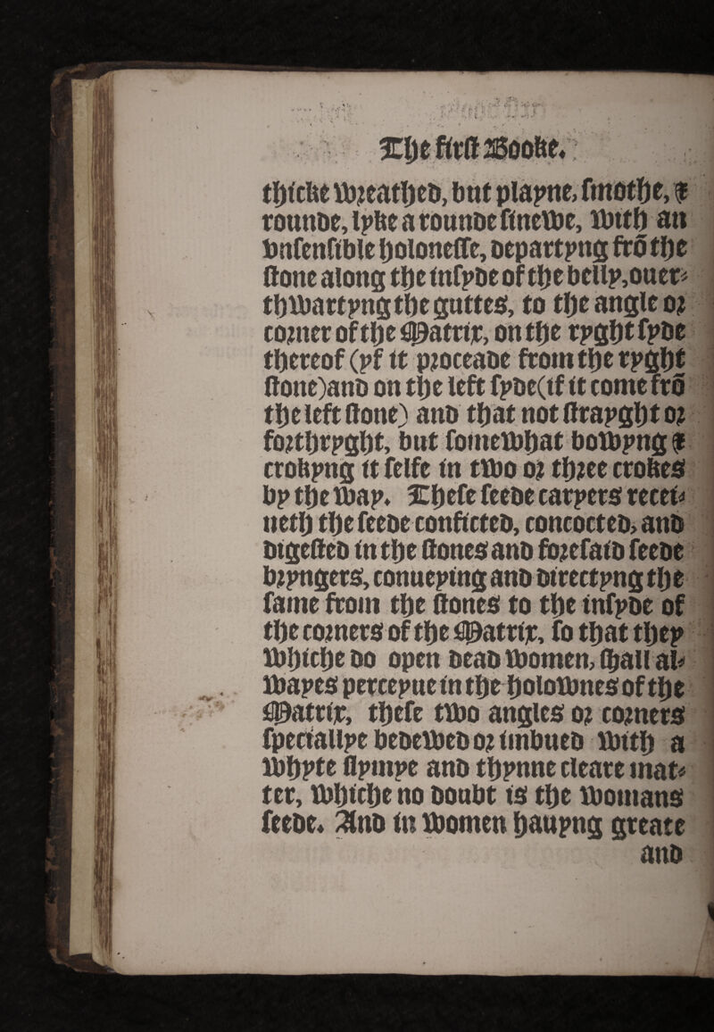 routine, ipbc a routtbc ftncWc, Mjttftat* tonfenfible Ijoloncffe, Departing frotfjc done along tl)e Infpbe oftlje btllj>,ouer tljWattjmgtfteguttes, to tlje angles? cower of tbe#atrijt, ontfje rpg&tfpbe thereof (t>f tt pjoteaoe ttie left done) anb tfjat not ftrapgljt ot fwtUrpgUt, but fomew&at bowpng 9 crofepng tt felfe in two 0; time erodes bptbtwap. Ebefe feene carpers terete net!) tl)e feene conftcteb, cottcoctes, anb btpngets, conueptng ano Directing tl) e fame from tftc dones to tlie tnfpnc of tl)e comers of tfte t©atrtr, fo that tljep Xbljtclje bo open bean Women, (ball al v' >•. #atrijc, ti)cfe ttbo angles 0; comers fpectallpe bebetbeb oj tmbueb wttl) a Wbpte flpntpe anb tbpnne cleare mat< ter, tbbtcfte no boubt is tbe Womans fceoe* 3nb m Women batipng greate anb