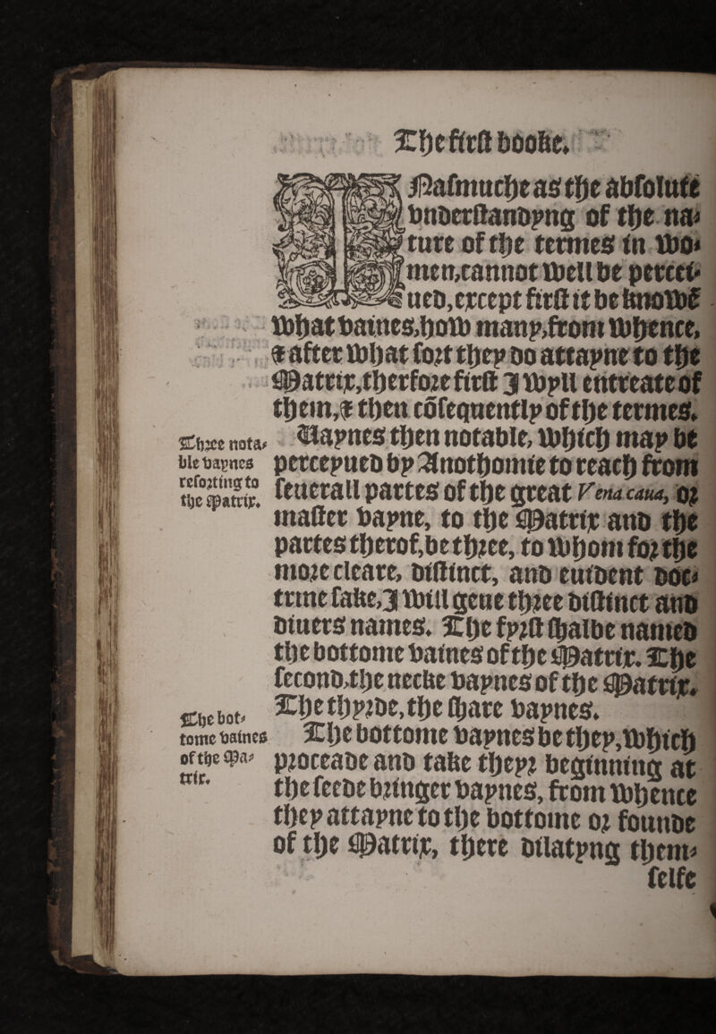 Ij 1$ % - • 1 .V \ £f)c ftttt boo&e. ' 4l2afmncbe as tfft abfolttfe bnberftanbpng of ttft tta« tare of tlje tetrnes fa too* men, cannot mu be percei- ercept firfi it be irnoibf A jt •'i *.**' j- * f *'■+. V i «f- i- r*>'1 \ • t rti. T W V . t 1 f- -V* them,® then cofequentlpoftbe termes, tf»3ct nsta, bapnes tljen notable, Ujfjtclj map be We tragncs percepueb bp 3notboniie to teacf) from Z%'S. feattaii partes of tbe great v™ cm, o? maffer bapne, to tbe fipattir anb tf)e partes tberof.be tbtee, to ttibom fo? tbe more cleare, btflinct, anb enibent boc* trme fafte,3 mil gene three biftinct anb Diners names. 3Cf>e fpitt Ibaibe names tbe bottome batncs of tbe #atrir. fCbe fcconb,t!)c necbe bapnes of tbe fl0attfr» Chcbot, 30betbpibe,tbeftare bapnes. tome Baltics %l)t bottome bannes be tbep.ibbtcb me pjoceabe anb tabe tbep? beginning at tbe feebe biinger bapnes, from mjente tbep attapne to tbe bottome or fbnnbe of tbe fipatrit, there bilatpng tiiem* felfe