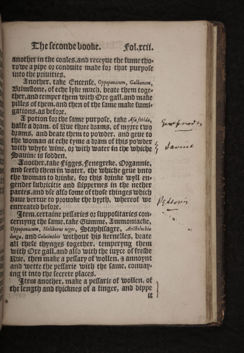 ChefctotUNlioofte, Jfoljccrt. f# & i Jf t Ii * another in the coale&and recede tbe fume tbo* totoe a pipe o? ccnduite maDc f o; tbat purpofe into tlic pmutteg. Another, tafee Cncenfe, oppopmacum, Ctlitnum^ 2$umltone, of eebe Ipfte much, beate them toge* tbcr,and temper them tott^ €>re galUtid made ptllegf of them, and then of tbe fame made fumi* gation0,a0 before, 3d potion fo? the fame purpofe, fade balfe a djam, of Hue tbjee djam0, of mpjre ttoo _ &jam0, anD beate them to potoder, and geue to the tooman at eebe tpme a djam of tbi0 potoder ✓ , toitb tobpte tome, oj toitb toater in the tobtebe 7 £>auine i0 fodden, ' 3dnotber,tafie <jfigge0, tfenegrede, dDjganme, ana feetb them in toater, tbe tobicbe geue bnto tbe tooman to djinde, foj tbfe dji nde topll en* gender lubnettie and flipperne0 in tbe netber parte&and bfe alfo fome of tbofe tbinge0tobicb baue bertue to pjouode tbe bpjtb, tobereof toe entreated before. 3|tem>certaine peCTarie0 o? fuppofitarie0 con* cernpng tbe fame,tade d5umme> aimmoniacde, Oppepontctm, Hcliborus nigery ^DtUPbifagte, yfriftolocbia %«, and Coiomtbii toitbout bte dernelle0, beate all tbefe tbpnge0 together, tempering them toitb flDjce gall,and alfo toitb tbe iupce of frelbe Hue, then made a peflarp of toollen, a annopnt and toette the peflarie toitb tbe fame, couuap* ttig it into tbe fecrete place0. Item another, made a pelfarie of toollen, of tbe length and tbicdne0 of a finger, and dippe it