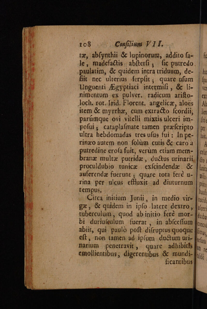 tz, abfynthii &amp; lupinorum, addito fa- | f; le, madefa&amp;tis. abfterfi ; fic putredo. |. - paulatim, &amp; quidem i inrra triduum, de- |I fiit nec ulterius ferp(it ; quare ufum fn Unguenti /Egyptiaci intermifi , &amp; li- | vg nimentum ex pulver. radicum ari&amp;o- | y loch. rot, Irid. Florent. angelica, aloes | Ab item &amp; myrrha, cum extracto fcordii, parümque ovi vitelli mixtis ulceri im- pofuüi; cataplafmate tamen praícripto | ultra hebdomadas tres ufus fui: In pe- | riínxo autem non folüm cutis &amp; caro a | putredine erofa fuit, verum etiam mem- | branz multz putridz , du&amp;us urinatii, | proculdubio tunicae | exfcindendz — &amp; | fy auferendz fuerunt ; quare tota feré u- rina per ulcus eflluxit ad diuturnum | tempus. | Circa iniium Junii, in medio vir- | gx, &amp; qüidem in ipfo latere dextro, tuberculüm, quod ab initio feré mor- | bi duriufeulum fuerat , in abfceffum | abiit, qui. pauló poft: dilropro quoque Ji, eft, non tamen ad. ipfum ductum uri- |. narium penetravit , quare adhibitls | emollientibus, digerenubus &amp; mundi-| ficantibus|