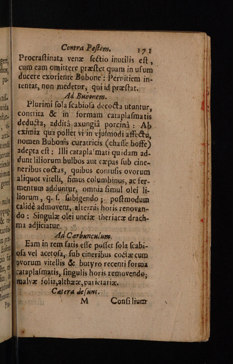 .— Contra Peffer, 151 T Procraftinata venz fe&amp;io inutilis. eft, jg,| cum eam omittere praeftet quam in ufum n.| ducete exoriente Bubone': Perritiem in- | tentat, non medetur, qui id przftat. ati | Ad. Buponem. wea | | Plurimi fola fcabioa decocta utantur, jy | COntia &amp; in^ formam cataplafmatis q&amp;| deducta, sddità-axungià porcini : .Ab Qd| eximia qua pollet vi in ejufmodi affe&amp;u, ssd|| Poen Bubonts curatricis (chaffe boffe) ail adepta eft ;. Illi catapla'mati quidam ad- m dunt liliorum bulbos aut czpas fub cine- jni| neribus coGtas, quibus contufis ovorum ail aliquot vitelli, fimus columbinus, ac fer- ; ment&amp;rm adduntur, omnia fimul olei li- ail | liorum , q- C . fubigendo ; poftmodum m calide admovent, alternis hor is renovan- ia jdo : Singulz olei unciz theriacz drach- M E adjiciatur. id | A4 Carbunculum. p j. Eamin rem faus efle poflet fola fcabi- f Lofa vel acetofa,. fub cineribus co&amp;la cum u ,Bpvorum virellis &amp; butyro recenti forza i Iratapla(matis, fingulis horis removende; i malva foliayalthaze, parictaria, vini 2 Calera de[nnt. a ae ARE d In M Confilium | I l