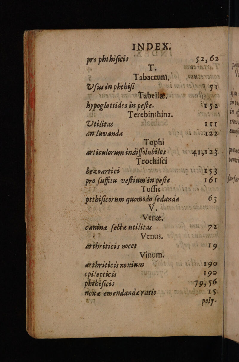 ——— M UIT TIUS I OB Eau pro phtbificis Tabaceum, U 7u $n pbtbs a : | h Tabelle: bpeglonitesi in peffe. Terebinthina. Utt lita | utt Iavanda Tophi articulorug indi[folubiles 'Frochifci bexoarttct pro fuffitu veflium in pefle T uffis pttbificormm quomodo fedanda Veérizé. catiitie (e&amp;ba utilitas : Venus. Artbriticss wocet Vinum. arthriticis noxium epilepticis phibs fcis noxa emendanda vatio