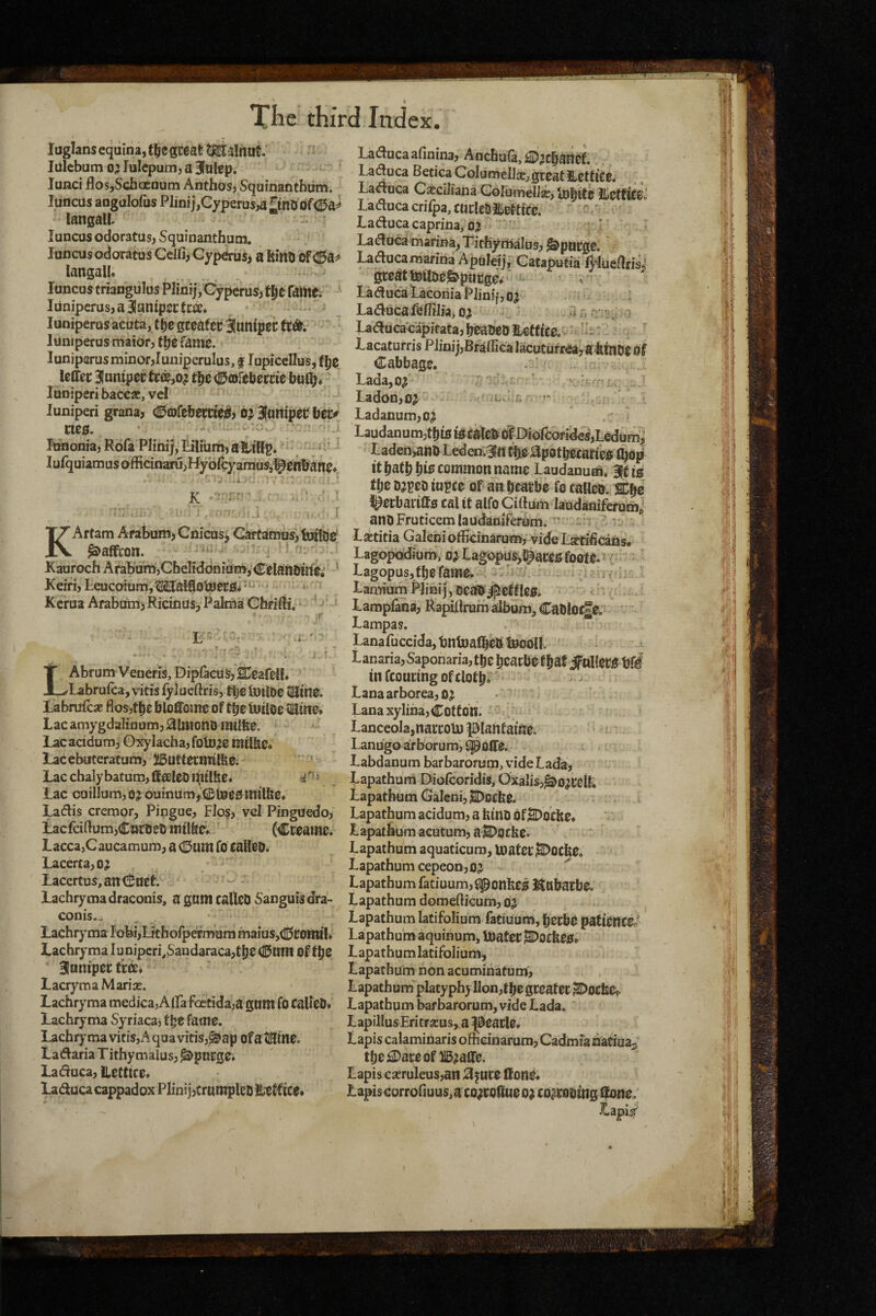 luglanseqiilnajt^egceatMalfiat/ Iiilcbum 0^ lulcpum, a 3(ttlep. lunci flos^Schoenum Anthosj Squinanthiim. luncas angalofus PIinij,C7perus^5^*3iof<2&^^ langall. luncas odoratus, Squinanthum. luncusodoranas Celfi, Cyprus, a feint) Of<0a^ langalU - luncus triangulos Plinij, Cyperus^ faiite. luniperusjaBlanipcctriae* * luniperus acuta, great ec 31unipei: Iilniperus rnaidfj t^e fame, lunipsrus minor,luniperulus, | lupicellus, leflfei: 3!nmpeeti;«,o? t^e dDorebeccie luniperi baccjc, vel luniperi grana, (^©febetcieij) o; Sfartipee feeE# n00. ^ •cr; Toaonia, Rofa Plinij, Tiliurn, a fe/lRp. • ■ • lufquiamusofficinarujHybfcyamuSjIgenfeatte* KArtam Arabum, Cnicus) GartamusVttatoe^ Saffron. . ■ ^ ^ ' Kauroch Aftbutn,ChelitJdniUm,’Celani)tl^^^^ ' Keiri, Leucoiunr; WalfeotoeCflU'^^ • * ^ Kcrua ArabumjRicinus, Palma Cbrifti, i ’ ' - \r ■ , J ! t,' LAbrum Veneris, DipfacUS,^eafell» Labruica, vitis fylueftfis, t|e UnlOe tSItne. Labrufcas flos,tbe bloflTome of toiloe tiame. Lac amygda]inum,0lmonO inilfee. Lac acidum, Gxylacha, foUj^e mtlfee* Lacebutcratum, JButtecmilfeei ^ ’ Lacchalybatum,(feEleDmtlfee. Lac cuillum,o^oumum,(i];tneomtlfe0« Ladis crempr, Pingue, Flos, vel PingUedo, Lacfciftum,CnrDei) mtlfee* (Creame. Lacca,Caucamum, a (Dum fO caHeO, Lacerta,o^ Laccrtus,an(!^n0t. - Lachrymadraconis, a gamcato Sanguis dra- conis., Lachryma Iobi,LithGfpeTmara maius,^ronttL Lachryma Iunipcri,Sandaraca,tbC (©um Of 3Itinip0r tree, LacrymaMarix. Lachryma medicajAlFa foetida^a gnm fo CalleiJ* Lachryma Syriaca, t^e fame. Lachryma vitis, A qua vitis,^ap of a tiSine. Ladaria Tithymaius, ^pnrge* Laduca, ILeftice* Laduca cappadox Plinij,crutnpleD Httiice* Laducaafinina, Anchu{a,^;cban0f. Laduca Betica ColumeilaE, great S^ettice. Laduca Cstciliana GoIameUi, lo^Ue IhetfiteJ Laduca criipa, cucieS^efttce. ' -c' Laduca caprina/oj I Laduca marina, Tithynialus, Sparge. Uducamariha Apulejj, Cataputia teeflrisi ^^ealttnitoe^pucge^ , Laduca Laconia Piinif,o? i Laduca Leflilia, oj ' r» r> r Laducacapitata,!jeaDe0fi;effice.' Lacaturris P linij,BrafliGa I^uturrea7aMnO0 Of Cabbage. . ' - - Lada,o? 7^ Ladon,0j ' l. r> t- Ladanum,oj LaudanumjtbWWltatebcdifDiorcorldesjLedurS Laden,anl) Ledenvjfn t^e ^potbOcarieo (bOpi it bath common name Laudanum. 3ff is the DjpeD iopce of anbcntbe fo caHeo. SCbc l^etbarilfs cal it alfo Ciftum laudaniferums anOFruticemlaudaniferum.  *r ‘' Laetitia Galeniofiicinarum,' vide Lsetificans* Lagopodiutn, o>Lagopus,lpacC0foote.^ i  ■ Lagopus,fljelame. ” • LamiumPjinijjDeaO fettles, Lampfana, RapUlrum ^bum, CaOloc^e. Lampas. Lanafuccida,t3nU)albcO tnoolf. Lanaria, Saponaria, the bcacbetbat ifnl to tjfif in fcourtng of clotb* Lana arborea, 0^ • Lanaxyliha,Cotton. LanceoIa,narcoU) pianfaine. Lanugo arborum, iipoire. Labdanum barbarorum, vide Lada, Lapathum Diofcoridis, OxaIis,^o^celL Lapathum Galeni, ^oefee. Lapathum acidum, a feino of SDo'cfee. Lapathum acutum, a iDoefee. Lapathum aquaticura, inater ^OCfee. Lapathum cepeon,Dj ^ Lapathum fatiuum,$|^onfee0 iKnbarbe, Lapathum domefticum, 05 Lapathum latifolium fatiuum, bCCbO patienceo' Lapathum aquihum, lOatec ^oefees. Lapathum latifolium, Lapathum non acuminatum', Lapathum' placyphj lIon,tbe greater ^ocfeOo Lapathum barbarorum, vide Lada. LapillusEritraEus, a dearie. Lapis calaminaris officinarum, Cadmia natioa^ tlje^DareofUB^affe. Lapis cseruleus,an 3 jure ffone* Lapis Oorrofiuus,a co;colttie oj co?.robmg ilone; iapisf
