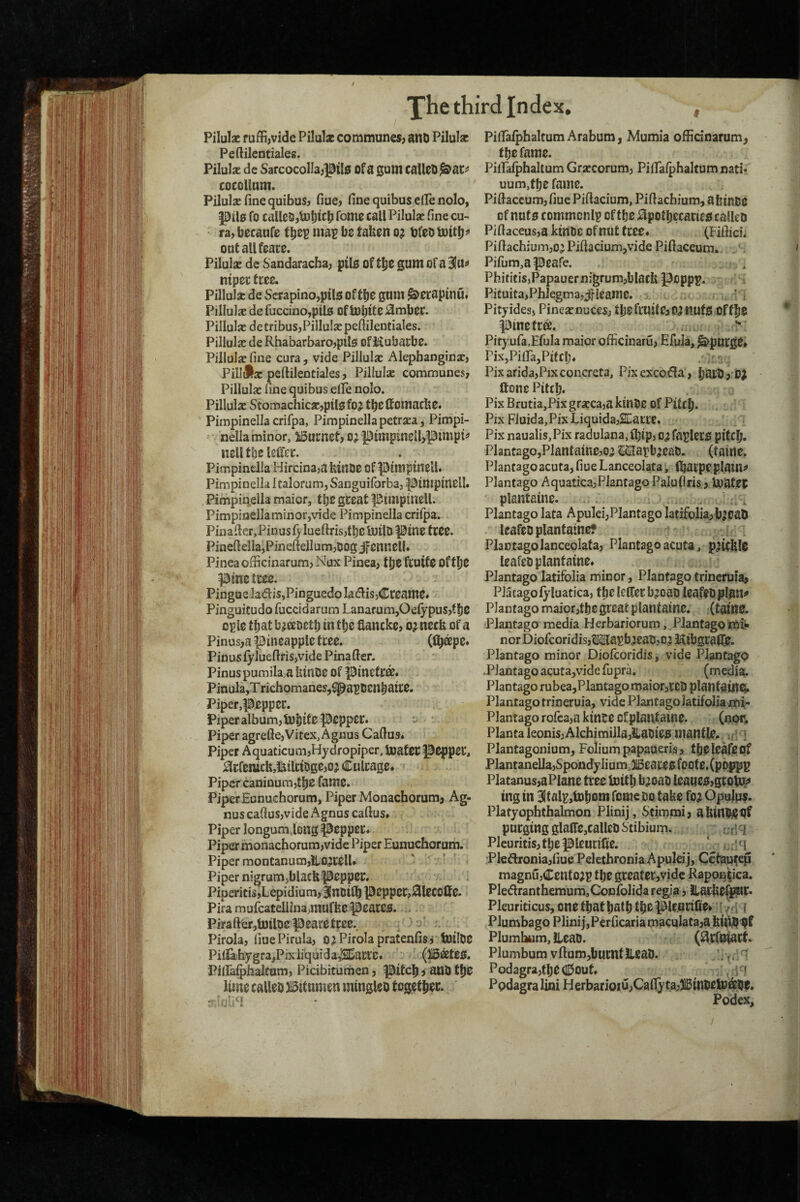 Piluisc fuffi,vide Piluk communes, ano Pilulx Peftilentiales. Pilulx de Sarcocolla,]3tl0 of a gum callCD^at^ cocoUum. Pilulx fine quibus, fiue, fine quibus elPe nolo, pil0 fo calico,fomc call Pilulx fine cu- ra, bccanfe mas bs taUcn o; bfcD outallfcare. Pilulx de Sandaracba, pilo of t|^C gum of a 3fUi» ntpei: tree. Pillulx de Scrapino,pil0 office gum ^ctapinu* Pillulx de fucdno,pil0 of U)l)ttc 0mbCC. Pillulx de tribus,Pillulx pefiilentiales. Pillulx de Rhabarbaro,pilS ofKubacbc. Pillulx fine cura, vide Pillulx Alepbanginx, PillHx peftilentiales, Pillulx communes, Pillulx fine quibus elPe nolo. Pillulx Stomachicx,ptl0 foj tt)C ffomachc* Pimpinella crifpa, Pimpinellapetrxa, Pimpi- nella minor, iBurnet, 0^ |^impinell,pimpt^ iicUtbeleft'ec. Pimpinella Hircina,afemD0 of pimptnclU Pimpinella ItalorumjSanguirorbaaPmiptnell. Pimpiiiella maior, tis gceat ^Btmpinell. Pimpiaellaminor,vide Pimpinella crifpa. Pinafter,Pinusly lueftris,tl)CliUtlE! pine tCCC. Pineftella,PineftelIum,i30gJfennelb Pineaofficinarum, Nux Pinea, fcuife of (1)0 pmetcee. Pingue ladiSjPinguedo ladisjCccame# Pinguitudo fuccidarum Lanarum,Oelypus,tb0 cple (bat b^eeoetl) in (be flanckc, o? neefe of a Pinus,a pineapple tcee. ((b®P^ Pinus ly lueftris,vide Pina fter. Pinus pumilajU Uinoe Of pinetc^* PinulajTrichomaneSjSpasOenbaice. Piper,peppec. Piper album, “ Piper agrefte,Vitex, Agnus Caftuj* Piper Aquaticum,Hydropiper, luafet pc^pcf j ;acfemcfe,milctDge,oj Culcagc* Piper caninura,(f)e fame. PiperEunuchorum, Piper Monacborum, Ag¬ nus caftus,vide Agnus caftus# Piper longumdong Peppec* Piper monachorum,vide Piper Eunuchorum.. Piper monCanumjilojcell. . Piper nigrum,blacfepeppec, PiperitiSjLepidium, 3noilb peppcCj^lecotte. Pira mufcatell{na>niuffee peaiCO. . Pirafterjtotloepearetree. . )'j Pirola, liuePirula, ojPiroIapratenfisj tuilOe Pil]&jhygra,Pixiiquida^^iEaci:e. (115i*te0. Piira^hakom, Picibitumen, pi(c|) i anO (be lime calleo bitumen mingleo (ogetb^i^* Pilfalphaltum Arabum, Mumia offidnarum, (be fame. Piirafphallum Grxcorum, PilTalphaltumnati* uum,tbe fame. Piftaccum, fiue Piftacium, Piftachium, abinoe of nuf 0 commcnlp of (be BpotbecaciciJ calleD Piftaceus,a kirtoe of nut tree* (Fiflicb Piftachium,ojPiftacium,vide Piftaceum. . < Pifum,apeare. , PhititisjPapauer nigrum,black peppp. Pituita,Ph]egma,JHeame. ' . Pity ides, Pinexnuces, (b0fl'Ui(e,p;«ut0 Of tb0 * pine fra. Pityufa,EruIa maior officinaru, Efula, spurge* PixjPilfa,Pitch* . Pixarida,Pixconcreta, Pixexcofla, Hone Pitch. PixBrutia,Pixgrxc3,akin0e of Pitch* Pix Fiuida,PixLiquida,2Eatre. Pix nauaiis, Pix radulana, fl)ip, o^ faplero pitch. Plantago,Plantame,oj Hdapb^caD. (taine. Plantago acuta, fiue Lanceolata, lhacpeplainj* Plantago Aquatica,PiantagoPaIu(iris , l^atec; plantaine. , Plantago lata Apulei;PIantago Iatifolia,b;oab Icafeo plantaine? Plantago lanceolata, Plantago acuta, pjicklo leafeo plantaine. Plantago latifolia minor, Plantago trincrula, Placagofyluatica, tbclelferb’oai) leafeoplan^ Plantago maiofatbe great plantaine. (taine. Plantago media Herbariorum, Plantagotftli. nor Diofcoridis,®[asb^eaO,o^ KibgraCOe. Plantago minor Diofeoridis, vide Plantago .Plantago acuta,vide fupra. (media. Plantago rubea,Plantago snaiorjretJ plantains Plantago trineruia, vide Plantago latifolia mi- Plantago rofeaja kinCe ofplantatne. (npr^ Plantaleonis,Alchimilla,llaOie0 mantle. ? Plantagonium, Folium papaoeris, tbeleafeof Plantanella,Spondylium,3i5care0foote.(pp:ppB Platanus,aPlane tree boitb b^oao leaiie0,gro^:» ing in 3itals,U)bom feme oo take fo? Opulus. Platyophthalmon Plinij, Stimmi, akinH^Of purging glatFe,calleo Stibium. -riq Plcuritis,tbepieucike. ..fiH PIedronia,fiue PelethroniaApuleij, Cetiautep magnu,Centers the greafec,vidc Raponiica. Pledranthemum,Cocfolida regia, Jlark0fp?tt. Pleuriticus, one that bath tb^ plc.uritie* ? /ri f Plumbago Plinij,Perficariamaculata,a Plumbum, uteao. (i^rfutart. Plumbum vftum,burntil0aO. f / Podagra,tb0 (©Out. , Podagra Uni Herbarioiu,Cafly ta,3itnoetoaO0. Podex,
