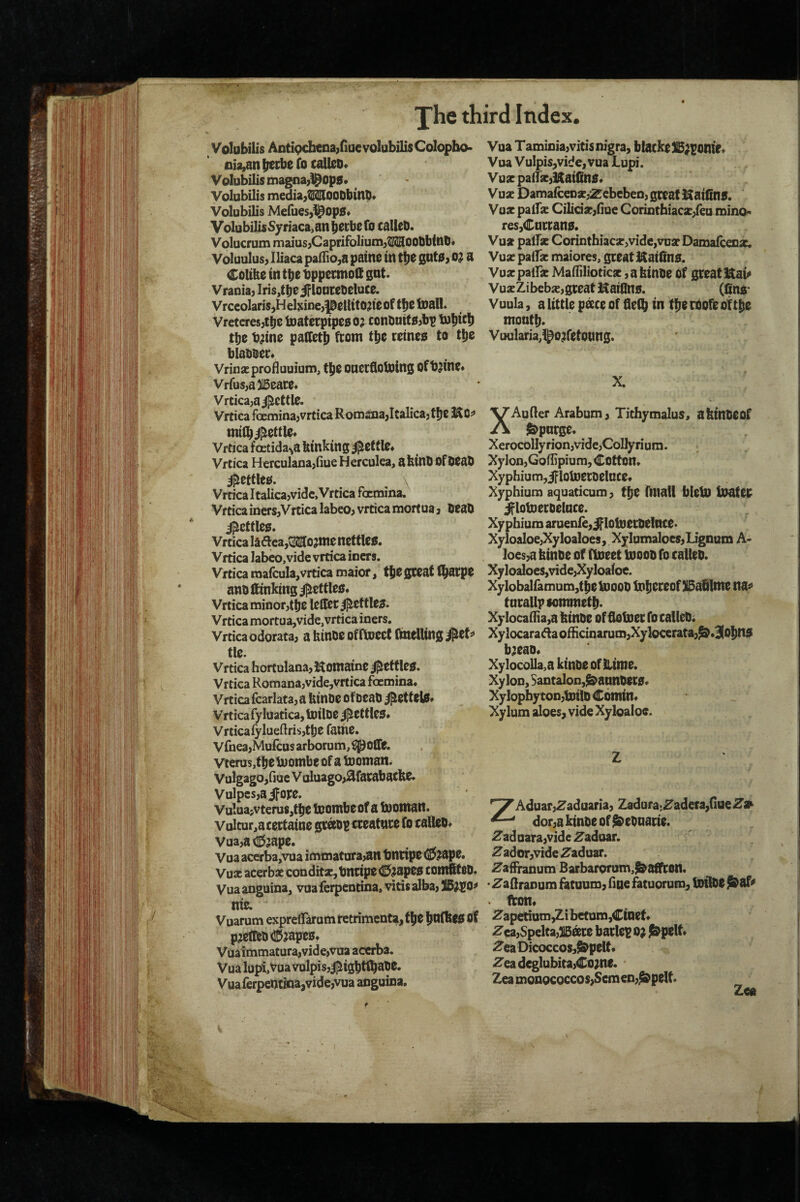 Volubilis Antipchena/iae volubilis Colopbo- Voa Tamioia,vitis nigra, blacike iiia,an|rccbefo calico. VuaVulpis,vide,vuaLupi. Volubilis inagna,l^0p5. Vuscpaira,Watfina. Volubilis media,ISailOOObinp. Vuac Damalccp*j2rcbcben, great iKaifinS. Volubilis Mefiies,^op0. Vuac palfac Ciliciar,fiuc Corinthiac*,feo mino^ VolubilisSyriaca,an|iecb0focalUO. res,Carran0. Volucrum maius,Caprifolium,OT000bin0. Vust palfsc Corinthiacx,vidc,vDar Damalcena^ Voluulus, Iliaca paflio,a painc in ttje goto, oj a Vux pair* maiores, great Katfina. Colibe in tpe tjppermolt gat. Vuac pair* Mafliliotic*, a binoe of great l^ai^ Vrania,Iris,t!}eiFlonreoeluce. VusZibeb*,great Haillna. (fina- Vrceolaris,Hel^ine,peUito?teoftbeU}all. Vuula, alittleptoof fletp in tperPoleoitbe Vrctcresjtpc toaterpipea o? conOnit0jbp tupicb montb. tpe b^ine paCCetb from tpe reinea to tpe Vuularia,l^oafeto«ng. blaooer* Vrfus,a315eace. * ^ Vrtica,a fettle. VrticafGcmina,vrticaRomana,Italica}tl)e3K0j> VAufter Arabum, Tithymalus, abtnoeof milbi^ettle. A Sparge. Vrticafcctida^abinking^etfle. XerocolIyrion,vide,Collyrium. Vrtica HerculanajfiueHerculea, abinO ofOeaO Xylon,GofIipium,Cotton. ^ettlea. \ Xyphium,iflotoeroelnce. Vrtica Italicajvidc.Vrtica focmina.^ Xyphium aquaCicum, tpe fmall bletD loatei; Vrtica iners,VrticaIabeo> vrtica mortua 3 OeaO Jflotoeroelace. ^ettlea. Xyphium aruenle,^loiDeroelttce. Vrtica laftcajtMojmencttlea. Xyloaloe,Xyloaloes, Xylumalocs,Lignum A- Vrtica labco,vide vrtica iners. Ioes,abin0eof ftoeettoOOOfocalleO. Vrtica mafcula,vrtica maior, tpe great (barpe Xyloaloes,vidc,Xyloaloc. anoffinkingi^ettlea Vrtica minor,tpe leffcc^ettlea. Vrtica mortua,vide, vrtica iners. Xylobaliamum,tbelDooo Infieceof 3i5a6lme na^ tarallpsommetb. Xylocania,a binoe of flotoer To calleo. Vrtica odorata, a binOe offioeet ftnelling #et^ Xylocarafta officinarum,Xyloccrata,^.3obn0 .... %%%'* Vrtica hortulana,Homatne i^ettleo. Vrtica Romana,vide,vrtica focmina. Vrtica fcarlata, a binoe of oeao i^ettelo. Vrtica fy luatica, toiloe ^ettlec. Vrticafyluedrisjtpe fame. VfneajMuicus arborum, ^OlTe. Vteras,tbeb)ombeof a tooman. Vulgaeo,fiue V aluago,)^farabacbe. Vulpcs,aifoFe. Vulua>vterus,tbe toombeof a tooman. Vulcur^acettaine grao^creatace fo cafleo. VuajaCJjape. Vua acerba,vua immatura,an bnrtpe (S^^ape. b^eao* Xylocolla,a kinoe of time. Xy Ion, Santalon,^aanOeC0. Xylophy ton,tDilD Cbmin. Xylum aloes, vide Xyloaioe. ZAduar,Zadaaria, Zadura:^adera,noe Zif- dor,a kinoe of ^eonarie. •?adoaTa,vide ^aduar. ^ador,vide Zaduar. Vu* acerb*condit5e,t)ncipeCJjape0Com6teO. ^affranum Barbarorum,&aflfton. Vua anguina, voaferpentina. vitis alba, ^aftranum fetuum, fine fatuoruro, ImiOe ^af^' nie. Iton. Voarum expreiraromretriment^,fbC bn(b<0 ol ^apelium,Zi I^um,Ciaef. p^etteoCjjapeo, Vuaimmatura,vide,vua acerba. Vua lopi,Vua volpis,jjiigbt ^aoe. Vua ferpentina,vide,vua anguina. ^ea,Spelta,315to barley o; ^pelt. ^ea Dicoccos,$^elt« i^ea deglubita,Co}no. Zea moQococcos>Semen,^pelt. Zeu %■ ■