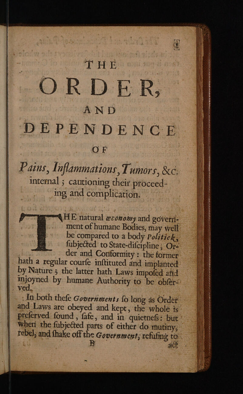 DEPENDENCE OF | Pains, Inflammations, Tumors, &amp;c. internal ; cautioning their proceed- ing and complication. QHE natural ecoxomy and govern- ment of humane Bodies, may well be compared to a body Politich, | fubjected to State-difcipline; Ore 3 tpt der and Conformity : the former hath a regular courfe inftituted and implanted: - by Nature 5 the latter hath Laws impofed atid | injoyned by humane Authority to be obfer= be Ved .3-: , In both thefe Goveriments fo long as Order and Laws are obeyed and kept, the wholé is preferved found, fafe, and in quietnefs: but * When the fubjected parts of either do rhutiny; rebel; and thake off Hs Government; refafng Be ‘ : ak