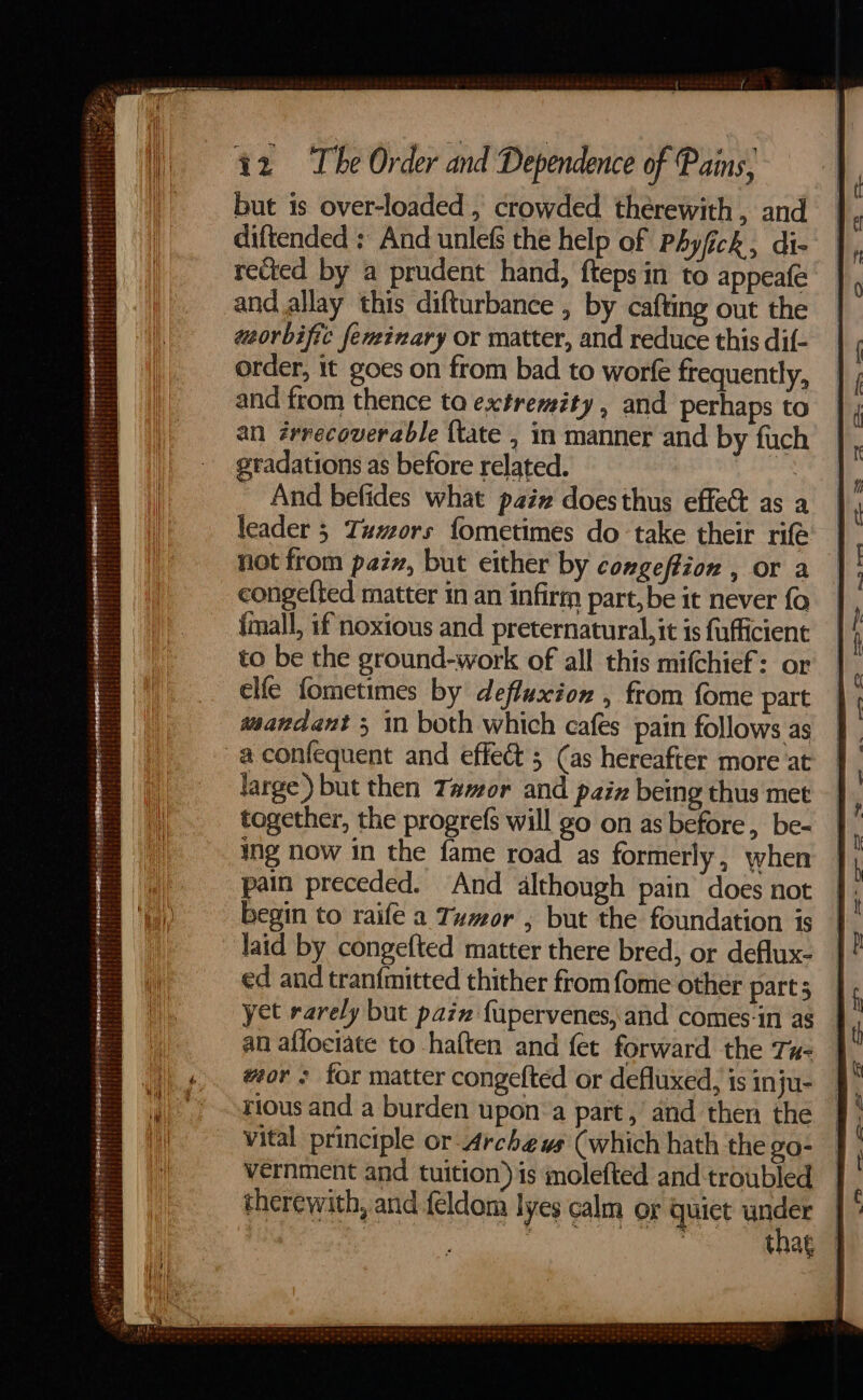 but is over-loaded , crowded therewith, and diftended : And unlefs the help of Phyfick, di- rected by a prudent hand, fteps in to appeafe and allay this difturbance , by cafting out the weorbific feuinary or matter, and reduce this dif- order, it goes on from bad to worfe frequently, and from thence ta extremity, and perhaps to an érrecoverable {tate , in manner and by fuch gradations as before related. Lee - And befides what paiz doesthus effe&amp; as a leader 5 Tumors fometimés do take their rie not from paix, but either by congeffion , or a congefted matter in an infirm part, be it never fo imall, if noxious and preternatural, it is fufficient to be the ground-work of all this mifchief: or elfe fometimes by defluxion , from fome part taandant 5 in both which cafes pain follows as large) but then Zawor and paix being thus met together, the progrefs will go on as before, be- ing now in the fame road as formerly, when pain preceded. And although pain does not begin to raife a Tumor ; but the foundation is laid by congefted matter there bred, or deflux- ed and tranimitted thither from {ome other part; yet rarely but paix {upervenes, and comes-in as an aflociate to haften and fet forward the Tz- wor: for matter congefted or defluxed, is inju- rious and a burden upon:a part, and then the vital principle or-Archews (which hath the go- vernment and tuition) is molefted and troubled therewith, and feldom lyes calm or quiet wae | | that