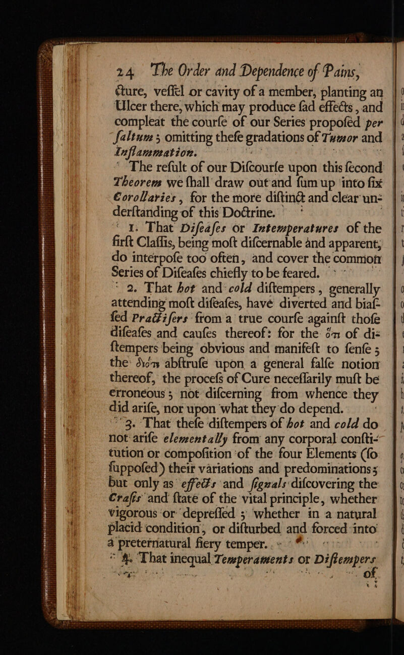 Ulcer there, which may produce fad effects , and faltum 3 omitting thefe gradations of Tumor and Inflammation, = ee uN Theorem we fhall' draw out and fum up ‘into fix €orollavies , for the more diftin@ and clear un- derftanding of this DoGrine. 07 ‘ 1, That Difeafes or Intemperatures of the firft Claffis, being moft difcernable and apparent; do interpofe too often, and cover the common Series of Difeafes chiefly tobe feared. *~ &gt; “2. That bot and: cold diftempers , generally attending moft difeafes, havé diverted and biaf fed Pradifers froma true courfe againft thofe difeafes and caufes thereof: for the én of diz {tempers being obvious and manifeft to fenfe ; the: dom abftrufe upon a general falfe notion thereof, the procefs of Cure neceflarily mutt be erroneous 5; not difcerning from whence they did arife, nor upon what theydo depend. 3. That thefe diftempers of fot and cold do not arife elemzentaly from any corporal confti- tution or compofition ‘of the four Elements (fo fuppofed) their variations and predominationss; but only as ‘effets and figzals: difcovering the Crafis and ftate of the vital principle, whether vigorous ‘or ‘depreffed 3 ‘whether in a natural placid condition’, or difturbed and forced into’ a preternatural fiery temper..- © «&gt; * #. “That inequal Tezeperaments or Diese Pe TES AT ae t Mi Neat ed z- —&lt;-—