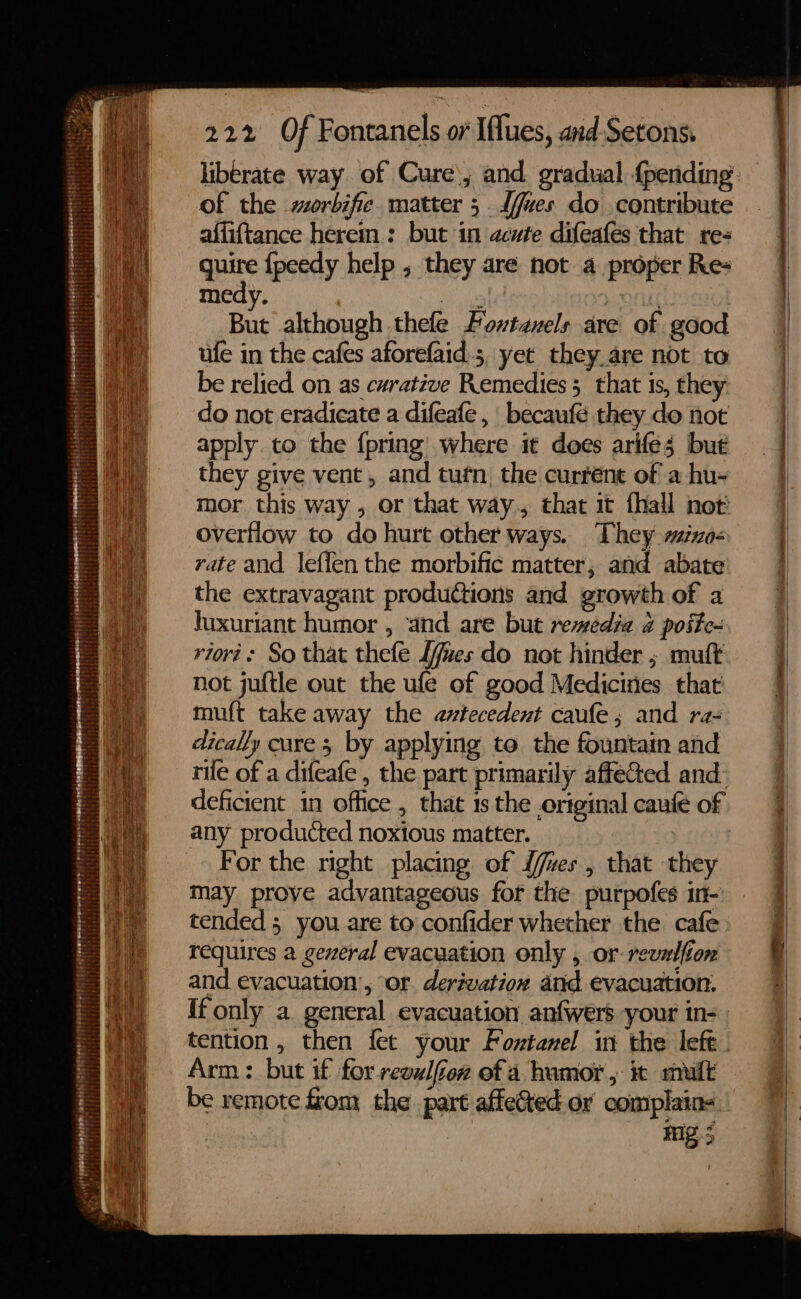 of the worbifie. matter 5 {fues do contribute affiftance herem : but in acute difeafes that re- a {peedy help , they are not a proper Res medy, : | ONL But although thefe Fowtanels are of good ufe in the cafes aforefaid 5, yet they.are not to be relied on as curative Remedies; that is, they do not eradicate a difeafe, becaufé they do not apply. to the {pring where it does arifes but they give vent, and tufn the curféne of a hu- mor this way , or that way., that it fhall not overflow to do hurt other ways. They mixo- rate and leffen the morbific matter, and abate the extravagant productions and growth of a luxuriant humor , ‘and are but remedia a poite- riovi: So that thefe Lfues do not hinder ; muft not juftle out the ufe of good Medicines that muft take away the antecedent caufe; and ra- dically cure 5 by applying to the fountain and rife of a difeafe , the part primarily affected and deficient in office , that 1s the .ortginal caufe of For the right placing of {ues , that they may proye advantageous for the purpofes in- tended 5 you are to confider whether the cafe requires a geveral evacuation only , or-revelfon and evacuation’, or. derivation and evacuation. {f only a. general evacuation anfwers your in- tention , then fet your Foxtanel in the left Arm: but if for revulfoe ofa humor , it mult be remote from the part affeCted or complain- : ing 3