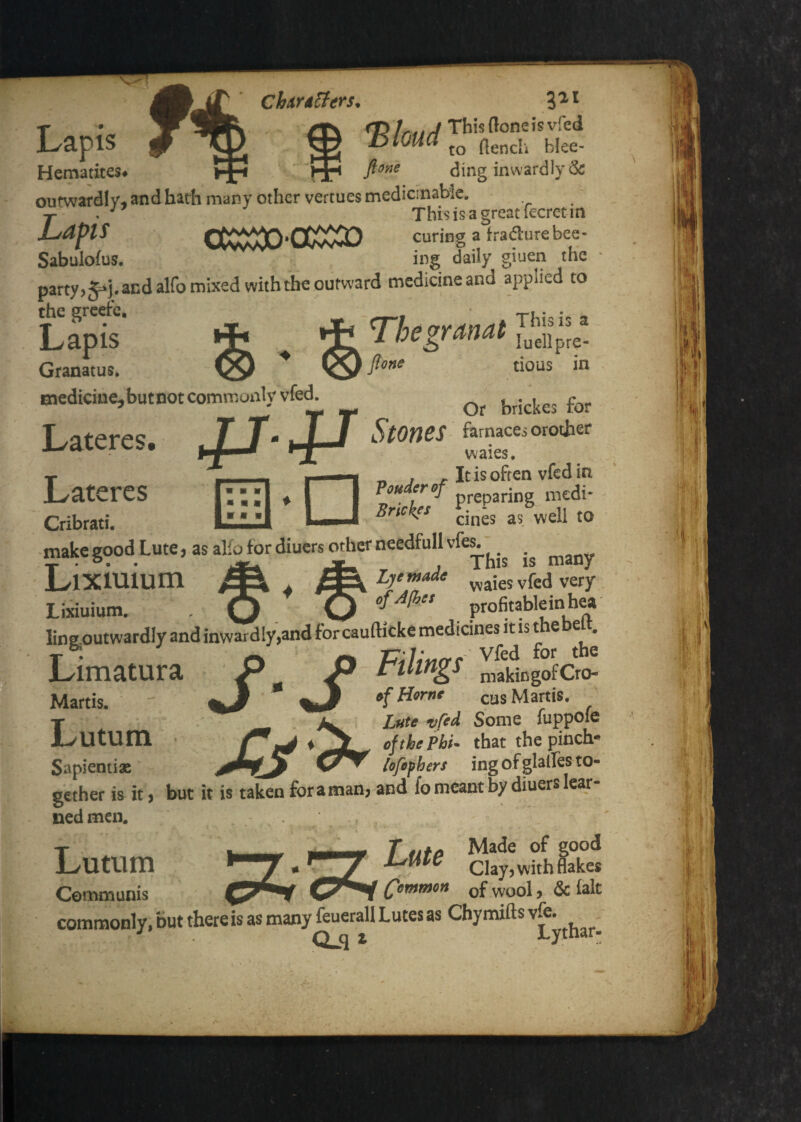 Hematites^ luellpre- tious in chunkers ^ 5'2,1 m Thisftoneisvfed __ _ ding inwardly <Sc outwardly, and hath many other vertues medicinabie. Y . Thisisagreatfecretin curing a fradurebee- Sabulofus, ing daily giuen the party,^j.andalfo mixed with the outward medicine and applied to Lapt' * B,ediciue,butnotcommunlyvfed ^ Lateres. .Vwww w.so,o4« T , -■ , ■■■ „ , . Itisofren vfedin Lateres |;:;1 ♦ | I preparing medi- Cribrati. LllI LJ Les a, well to make good Lute, as alio for diuers other needfull vle^ Lixmium wafe vfed very Lixiuium. profitableinhw linaoutwardly and inwardly,and for caufticke medicines it is the belt. Limatura P P tilings maycgofCro- Martis. - %J %,J cusMartis. L i Lute vfed Some fuppoie UtUm / W * ^ ef the phi- that the pinch* Sapientiae lofefhers ingofglatresto- gether is it > but it is taken foramanj and fo meant by diuers ear ned men. X ■_- T tifa LutUm *—7 ^ Clay, with flakes Communis Common gf ^^^0!, 6c (alt commonly.butthereisasmanyfeuerallLutesas Chymiftsvfe. Qjj 2 Lytnar- i'l