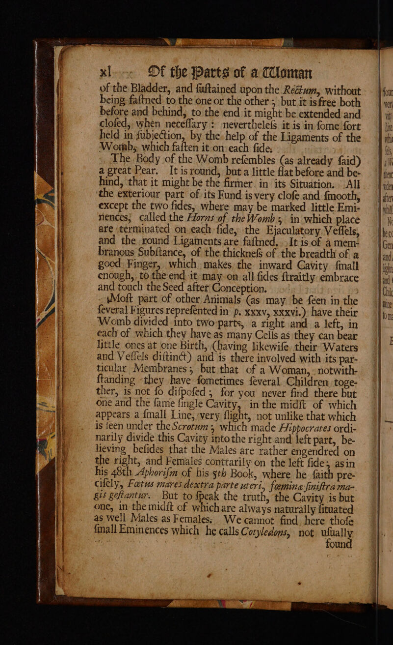 of the Bladder, and fuftained upon the Rectum, without being faltned to the one or the other ; but it isfree both before and behind, to the end it might be extended and clofed, when neceflary : neverthele(s it is in fome fort held in {ubjection, by the. help of the Ligaments of the Worb;, which faften it on: each fide. | The Body of the Womb refembles (as already {aid) agreat Pear. It is round, buta little flat before and be- hind, that it might be the firmer. in its Situation. . All the exteriour part of its Fund is very clofe and {mooth, except the two fides, where may be marked little Emi- nences} called the Horns of the Womb + in which place and the round Ligaments are faftned, It is of a mem: branous Subftance, of the thicknefs of the breadth of a good: Finger, which makes, the inward Cavity finall enough, tothe end it-may-on all fides ftraitly. embrace and touch the Seed after Conception. - ¢Moft part of other Animals (as may be feen in the feveral Figures reprefented in p. xxxv, xxxvi.): have their Womb divided into two parts, a right and a left, in each of which they have as many Cells as they can bear little ones at one Birth, (having likewife. their’ Waters and Vefiels diftinct) and is there involved with its par- ticular Membranes; but that of a Woman, notwith- ffanding «they have fometimes feveral Children toge- ther, is not fo difpofed; for you never find there but one and the fame fingle Cavity, inthe midit of which appears a {mall Line, very flight, not unlike that which is feen under the Scrotum: which made ENppocrates ordi- narily divide this Cavity into the right and left part, be- lieving befides that the Males are rather engendred on the right, and Females conttarily on the left fide; asin his 48th Aphorifm of his sth Book, where he {aith pre- cilely, Fatws mares destra parte uteri, feemine finiftra ma- 815 Seftantur. But to {peak the truth, the Cavity is but one, in the midft of whichare always naturally fituated as Well Males as Females; We cannot find here thofe fnall Eminences which he calls Cotyledons, not ge ? ) ound