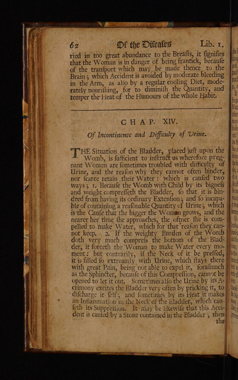 z ipona&gt; os ee) ct eT ~z === 62 DE the Diteales Lib. 1, ried in too. great abundance to the Breafts, it fignifies | that the Woman is in danger of being frantick, becaufe of the tranfport which may _be made thence to the | Brain; which Accident is avoided by moderate bleeding | pin in the Arm, as allo by a regular eooling Diet, mode- i =&gt; = ¢ — tre = = es rately nourilhing, for to diminifh the Quantity, and i temper the Heat of the Humours of the whole Habit. Ss Wat ther CH A’P.- XIV. a iays Blok Of Incontinence and Difficulty of Urine. Bid ish HE Situation of the Bladder, placed juft upon the | be - Womb, is fafficient to inftruct us wherefore preg- gt nant Women are fometimes troubled with difficulty of 9% Urine, and the reafon why they cannot often hinder, 7: nor {carce retain their Water : which is caufed two qi! ways; 1. Becaufe the Womb with Child by its bignels jj tll and weight comprefleth the Bladder, fo that it is hin- 9]! dred from having its ordinary Extenfton; and fo incapa- Wa ble of containing a reafonable Quantity of Urine, which 9 ho isthe Caufe that the bigger the Woman grows, and the fit nearer her time fhe approaches, the oftner fhe is com- f} I pelled to make’ Water, which for that ‘reafon they can- lita not keep. | 2. If the weighty Burden of the Womb [ihitc doth very much comprels the bottom of the Blad-jjaih der, it forceth the Woman to make Water every mo- |B}iin, ment: but contrarily, if the Neck of it be prefled, Pili: it is filled fo extreamly with Urine, which ftays there §)&amp; with great Pain, being not able to expel it, forafmuch JN as the Sphincter, becaufe of this Compreflion, cannot be F) hy opened to let it out. Sometimes alfo the Urine by its A-) My crimony excites the Bladder very often by pricking it, to }) tag “difcharge it felf; and fometimes, by its Heat it makes §| tt}, an Inflammation in the Neck’ of the Bladder, whieh cau-) tin, {eth its Supprefiion. It: maybe likewife that this Acct=B| by, dent is caufed by a Stone contained in the Bladder ; stig Bey tee |