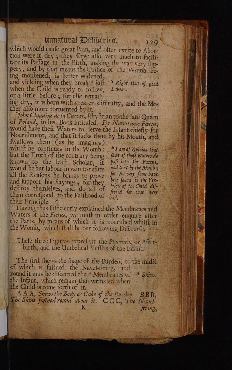 i which would caufe great Pain, and often excite to Abor- | tion were it. dry ;\they {érve alfo. very much to-facili: tate its Paflage in the Birth, making the wav very {lip- | pery, and by that means the Orifice of the Wonib. be: ling moiftened,. is better widened; | and yielding when they. break:* inft — * Right tine: of good when the Child is ready to follow, Labour. |ora little before; for elie remaih- Jing dry, it is born with greater difficulty, and the Mos ither alfo more tormented by it. |. fobn Claudius de la Corver, Phy fician tothe late Queen of Poland, in his. Book intituled,’ De Nutritione Fetus, would have thefe Waters to’ ferve the Infant chiefly for Nourifhment, and that it fucks them by his Mouth, and | fwallows them (Cas he imagines) | | whilft he continues in the Womb: . *7 am of Opinion thar. | but the Truth of the contrary being . fowe' of thofe Waters do Known to the leait Scholar, it pafs into the Foerus, j would be but labour in vain torefute 974 that by the Mouihs Jall the Reafons he. brings to prove ” i Be i i pand fupport his Sayings; for. they ee vues ‘if ‘defiroy themfélves, and. do all of aut for bat ae ‘them correfpond to the Falfhood of 3,7 their Principle. * Having thus fufficiently explained the Membranes and Waters of the Faetzs, we muft in order enquire after the Parts, by means.of which it, is: nourithed whilt in |the Womb, which fhall be our following Difeourf. ©” Thefe: three Figures reprefent the Plecenta; or Afters birth, and the Umbelical Vefféls of the Infaiir. The firft fhews the fhape of the Burden, to the’ midit }Of which is faftned the Navel-ftring, and ‘Yound it may be difcerned the: * Membranes of * Skins, ithe Infant, which remain thus wrinkled when ‘the Child is come forth of it. | AAA, Shems the Body or Cake of the Burden. BBB, be Skins fafined roud about it. CCC, The Nwel- i K : firing,