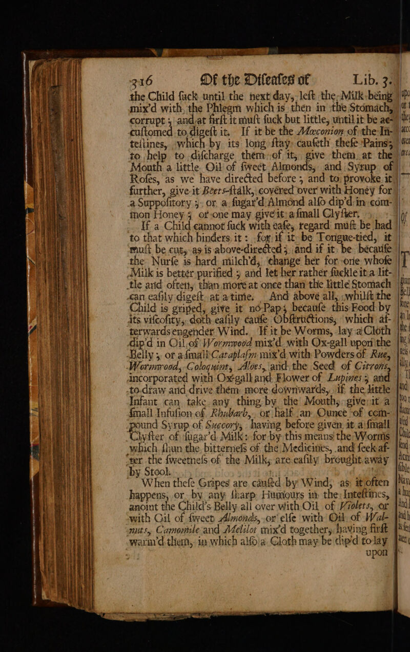 2° RIT 216 Dé the Dileates af Lib. 3.) the Child fack until the hext day, left the-Miulk being 9 mix’d with, the Phlegm which is then in the Stomach, |” corrupt ; and.at firft it mult fuck but little; untilit be ae be cuftomed to,digeft it, If it be the AZaconion of the In-7 tellines, which by its long {tay caufeth thefe Pains; | to help to difcharge them of it, give them,at the | Month. a little. Oil of fweet Almonds, and: Syrup of Rofes, as we have directed before ; and to. provoke. it further, give-it Beers-{talk, covered over with Honey for)’ _.a Suppofitory 3. or, a. fugar’d Almond alfo dip’d:in ¢om- inon Honey 4 of one may give it: afmall Clyfter. of If a Child cannot fuck with eafe, regard muft be had |) to that which hinders. it : for. if it be Tongue-tied, it | muft be cut, as is above-directed j.\and if it be: becarife | the Nurfe is-hard milch’d, ‘change her for orie whofe | Milk is bettér purified 5 and let her rather fickle it.a lit- |. tle arid oftett, than more at once than the little Stomach i «can eafily digeft. at atime. And above all, .whilft the ii Child is griped, give it né-Paps becanfe this Food by | its vitcofity,.doth eafily caufe Obfrudtions, which af- |?! terwards engender Wind. Tf it be Worms, lay aCloth | dip'd in Oil. of Wormwood mix’d. with Ox-gall upon the Belly 5, or afmall'Cataplafm mix’d with Powders of Rue, | Wormmrood, Cologunt, Aloes, andthe Seed of Citrons, | dncorporated with Ox-galhand Flower of Lupimes5 and | | _to.draw and drive thém: more, downwards... if the dittle | Infant can take any thing by the Mouth; :giverit a | fmall Infufion of Rhubarb, or half an Ounce “of com- | fill pound Syrup of Sxecory, having before given it.a\fmall ji “Chyfter of fagar’d Milk» for by this means! the Wonrnts | Cal which {hun the. bitternefs of the Medicines, and feek af- jk ‘ter the fweetnels of the Milky are-eafily brought.away When thefe Gripes are caufed by Wind, as: it often | happens, or. by any fharp Huniours im the: Inteltines, jh anoint the Child’s Belly ali over with Oil of Violets, or with Oil of fween Almonds,.or' elle with Oil, of Wal ji) mits, Camomileand Melilot mixd together, having firft [Ma warm’d them, in which alfo'a Cloth may be dip'd tolay pt : upon f':