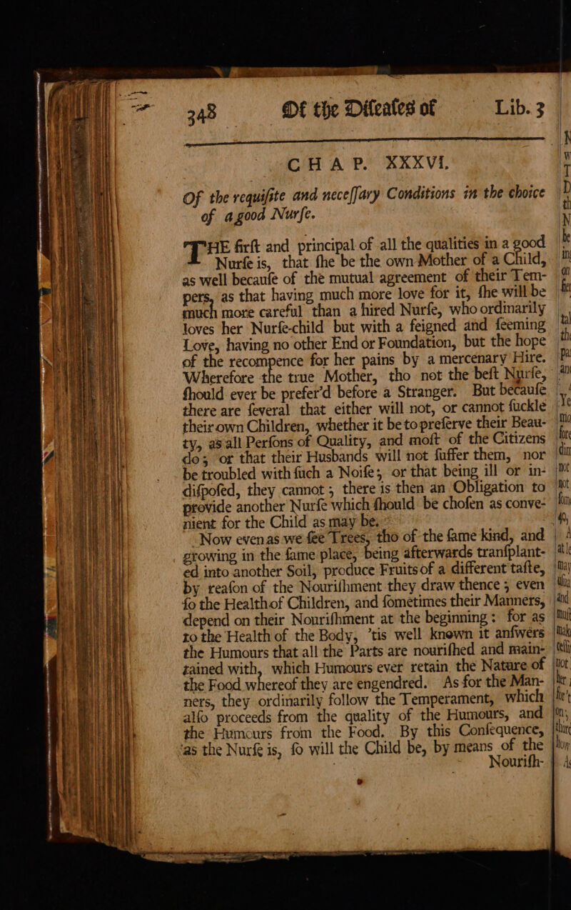 Xs (ave? Se ‘ay diet 2 ae 348 = DE the Diteates of Lib. 3 CHAP. XXXVI. Of the requifite and nece[fary Conditions in the choice of agood Nurfe. THE firft and principal of all the qualities in a good R Nurfe is, that fhe be the own Mother of a Child, as well becaufe of the mutual agreement of their Tem- pers, as that having much more love for it, fhe will be loves her Nurfe-child but with a feigned and feeming Love, having no other End or Foundation, but the hope of the recompence for her pains by a mercenary Hire. Should ever be prefer’d before a Stranger. But becaufe there are feveral that either will not, or cannot fuckle their own Children, whether it betopreferve their Beau- ty, as all Perfons of Quality, and moft of the Citizens be troubled with fuch a Noife; or that being ill or in- difpofed, they cannot; there is then an Obligation to provide another Nurfé which fhould be chofen as conve- nient for the Child as.may be. growing in the fame place, being afterwards tranfplant- ed into another Soil, produce Fruits of a different tafte, by reafon of the Nourifhment they draw thence ; even fo the Healthof Children, and fometimes their Manners, depend on their Nonrifhment at the beginning: for as to the Health of the Body, ’tis well known it anfwers the Humours that all the Parts are nourifhed and main- ners, they ordinarily follow the Temperament, whic the Humours from the Food, By this Confequence, ‘as the Nurfe is, {0 will the Child be, by means of the | ~ — Nourifh- boy A