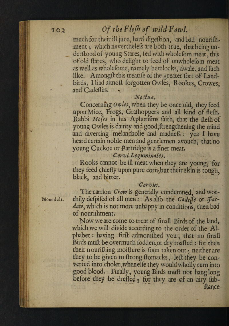 103 O ftheFleJhof wild Fowl. much for their ill juce, hard digeftion, and bad nourifli- ment^ which neverthclcfs are both true, thatbeingun- __ derftood of young Stares, fed with wholefom meat, this of old ftares, who delight to feed of unwholefom meat as well as wholefome, namely hemlocks, dwale, and fuch like. Amongfl: this treatife of the greater fort of Land- birds, I had almoft forgotten Owles, Rookes, Crowes, and CadelTes. NeBux. Goncernmg Ofvles^ when they be once old, they feed upon Mice, Frogs, Grafhoppers and all kind of flelh. Rabbi Mofes in his Aphorifms faith, that the flefliof young Owles is dainty and good,ftrengthening the mind and diverting melancholie and madnefs .• yea I have , • heard certain noble men and gentlemen avouch, that no ^ young Cuckoe or Partridge is a finer meat. •- Corvi Legumimles, Rooks cannot be ill meat when they are young, for they feed chiefly upon pure corn-,but their skin is tough, black, and'bitter. Corvui. *I he carrion Crow Is generally condemned, and wor- WoneduU. thily defpifed of all men: As alfo the CaJeffe or fac- daw^ which is not more unhappy in conditions, then bad of nourilhmenr. Now we are come to treat of fmall Birds of the land, which we will divide according to the order of the Al¬ phabet : Raving firfl: admoniflied you, that no fmall Birds muft be overmuch fodden,or dry roafted : for then their nourilhing moiflure is foon taken out neither are they to be given to ftrong ftomacks, left they be Con¬ verted into choler,whenelfe they would wholly turn into good blood. Finally, young Birds muft not hang long before they be drefled; for they are of an airy fub- ...  ftance