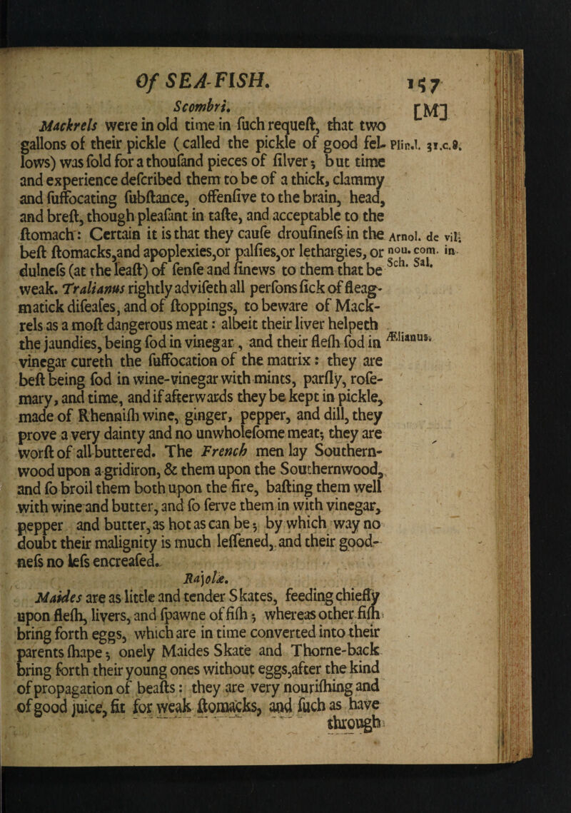 Scombri. Mackrels were in old time in fuchrequeft, that two gallons of their pickle (called the pickle of good feUpiin,!. ji.c.*. lows) was fold for a thouland pieces of lilver? but time and experience defcribed them to be of a thick, clammy, andfu&amp;cating fubftance, offenfive to the brain, head, and breft, though pleafint b tafte, and acceptable to the ftomach': Certain it is that they caufe droufinefs in the Arnoi. de viU beft ftomacks,and apoplexies,or palfies,or lethargies, or com- in dulne(s(atthereaft)of fenfe and nnews to them that be‘ * ‘ weak. rightly advifeth all perfonsfickoffleag* matickdifeafes.andof ftoppings, to beware of Mack¬ rels as a moft dangerous meat: albeit their liver helpeth the jaundies, being fod b vbegar, and their fleih (bd in vbegarcureth the fulFocation of the matrix: they are beft being fod in wine-vbegar withmints, parfly, rofe- mary, and time, and if afterwards they be kept in pickle, made of Rhennilh wine, ginger, pepper, and dill, they prove a very dainty and no unwholefome meat-, they are worft of all buttered. The French men lay Southern¬ wood upon a gridiron, &amp; them upon the Southernwood, and fo broil them both upon the fire, bafting them well .with wine and butter, and fo ferve them in with vinegar, pepper and butter, as hot as can be 5 by which way no doubt their malignity is much leifened,. and their goodr nefs no lefs encreafed.. Sa]olk, are as little and tender Skates, feeding chieffy upon fleih, livers, and (pawne of fiih whereas other fiin ■ bring forth eggs, which are in time converted into their parents (hape 5 onely Maides Skate and Thorne-back bring forth their young ones without eggs,after the kind of propagation of beafts: they are very nourilhbg and of good juice, fit for weak ftoimi:ks, and fucb as have ■ ' ' ' '  ' “ throvjgbi