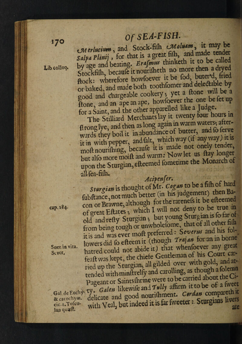 Libcolloq* Of SEA-FISH. ffuerlueim and Stock-fi(h UMolam^ it may be SalpaPlinij, for that is ^ great fiOi, and beating. Erafmus thinketh it to be SwAfiih,becaafeit nouriiheth ftoek: wherefore howfoever it be kW'. d, tri^ or-baked, and made both toothfomer and deledaWe by good and chargeable cookery ^ yet a ftone mil U a Se, andan a^anape, howf^verthe onebefetup SdUiard Merchantslay it twenty four hours m (IronalVe and then as long again in warm watery after- wardftLyboilit in abundance of butter, andfoferye k in v^dth pepper, andfalt, whichway(if any way) it is moft nourShfnL becaufe it is made not oi^ly tender, but alfo more loift and warm: £iSof ' upon the Sturgian, efteemed fometime the Monarch ot alffea-filh- . Actpnjer. _ , 5r~isthoughtofMr. ^ fiibftance notmuch better (in his judgement) thenBa- orBrawne,although fortherarenefsit be efteemed of areafEftates •, which I will not deny to be true in old'’ and refty Sturgian •, but young Sturglan is fofar of from bein&lt;^ fough or unwholefome that of all other filh itisand was ever moft preferred: Severn and his fol-. lowers did foefteemit (though Trajan for an m ^m hatred could not abide it) that whenfoever a^ great feaft was kept, the chiefe Gentleman of Vus Court car tied UP the Sturgian, all gilded over with gold, andat&gt;. tended with minftrelfy and carolling, as thoi^h a folem Pageanr^r Saintslhrfoe were tobecarnedtetheC - 1., rdm likewife and'r»l/y afhrm ittobe of alweec delicate and good :ic. i.Tofcu^ with Veal, but indeed it is fer fweeter.. Storgians lap. 184 Juet.in vita, kver.