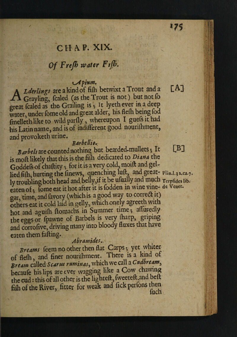 *75 C H A XI,X. Of FreP^ tvafer Ftp* ALderlings are a kind of fifti betwixt a Trout and a [A] Grayling, fcaled (as the Trout is not) but not fo great fcaled as the Grading is 5 K tyeth ever in a deep water, under fome old and great alder, his fleui being fod fmellethlike to wild parlly, whereupon I guefs it had his Latin name, and is of indifferent good nouriflirhent, and provoketh urine. BarbeSie.- are counted nothing but bearded-mullets 5 It LBj is moft likely that this is the fiih dedicated to Diana the Goddefsof chaftity •, fork is avery cold, moift and gel- lied fiih, hurting the finews, quenching luft, and great-piin.i.ji.ca.7. ly troubling both head and belly,if it be ufually and mqch Terpfidei Ub. eatenof, fome eat it hot after it is fodden in wine vine- de Vcn«. gar, time, and favory (which is a good way tocorredl i^ otherseat it cold laid in gelly, which onely agreeth with ,, hot and aouHh ftomachs in Summer time •, afluredly- the eggs or fpawne of Barbels is very (harp, griping and coWive, driving many into bloody fluxes that have eaten them failing. Ab'rMides.. Bream feem no other then flat Carps v yet whiter of fleih and finer nouriihment. There is a kind ot Bream c^'sA Scarus which we call a Cttabream^ becaufe his lips are ever wagging like a Cow chaiwng the cud: this of all other is the lighted, fweetefl:,and belt fifli of the River, filter for weak and fick perfons then